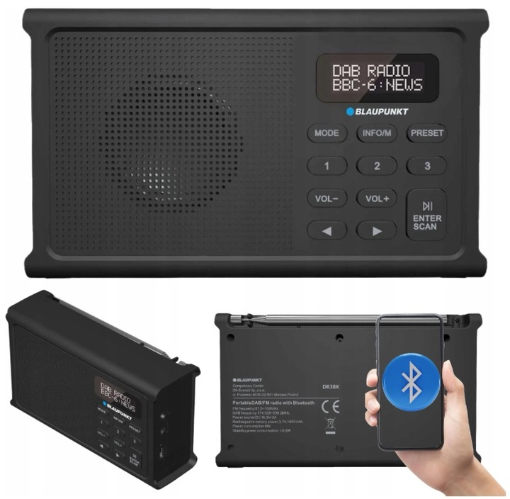 Přenosné Rádio Blaupunkt Dab+ Fm Akumulátorové Síťové Bluetooth DR3BK