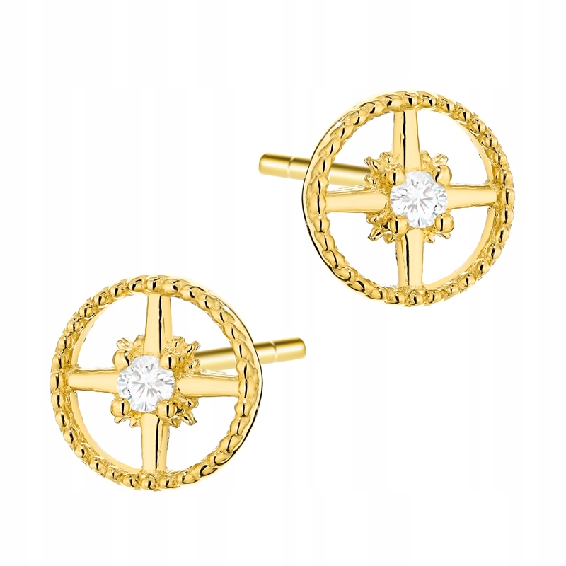 Krásné Zlaté Náušnice pr. 585 Róza Větrů Zirkon 14k