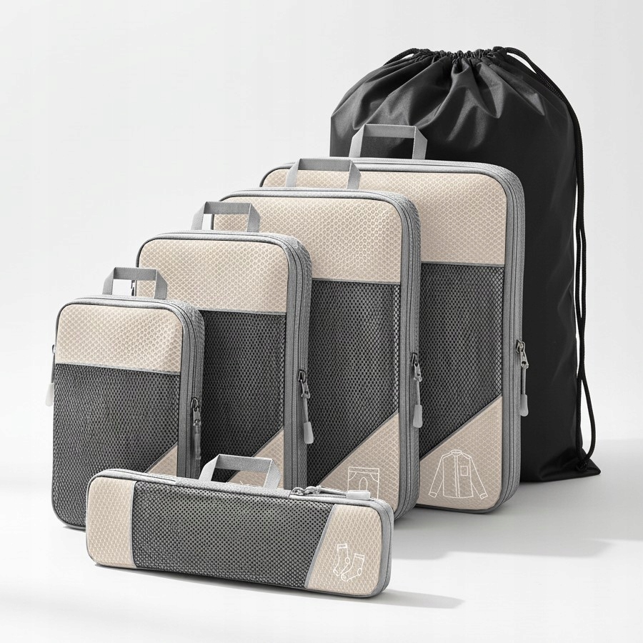 Zestaw 6 szt etui podróżne kompresyjne organizer do bagażu beżowy