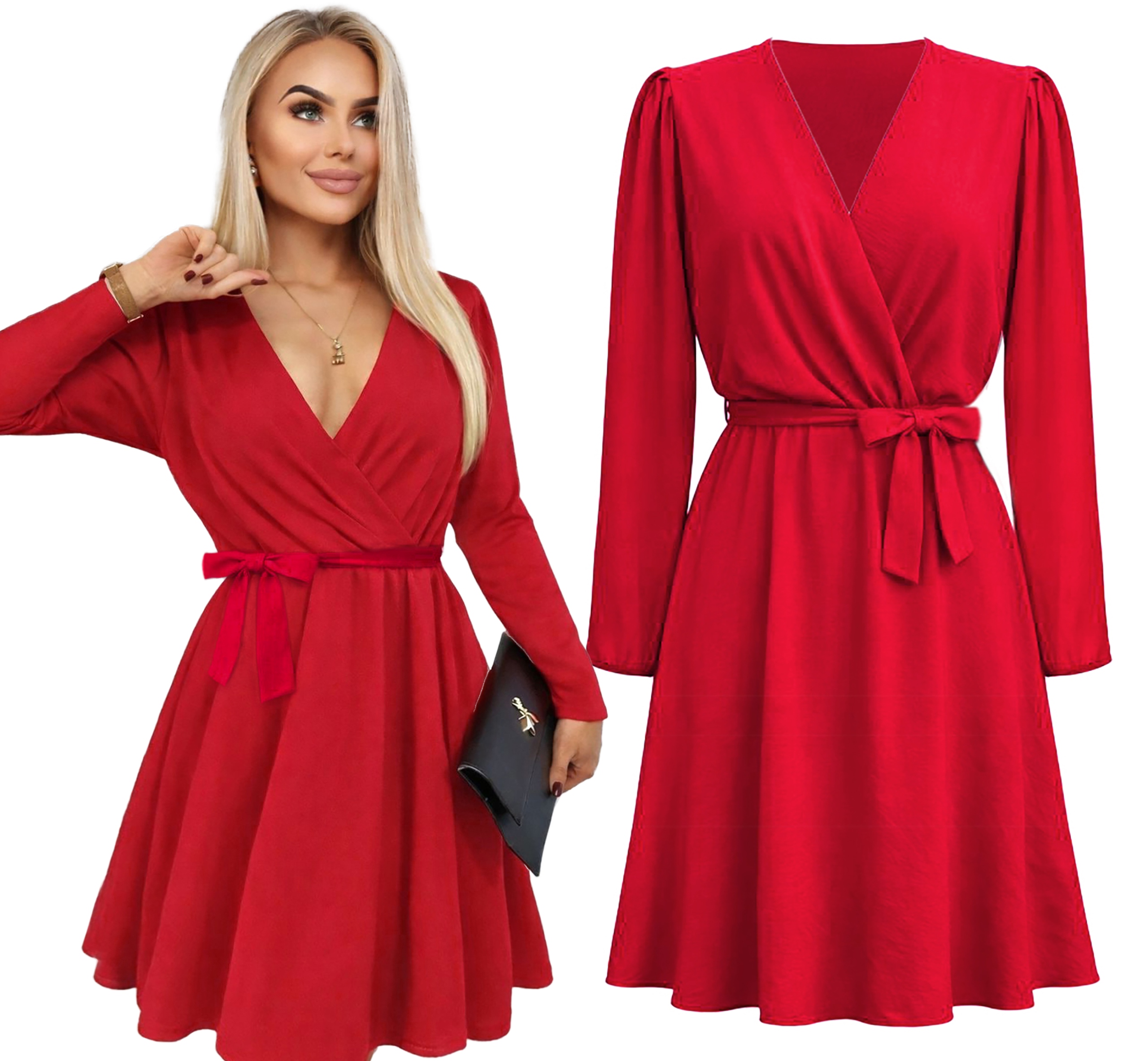 rozkloszowana Sukienka damska dekolt V pasek wesele L Marlena