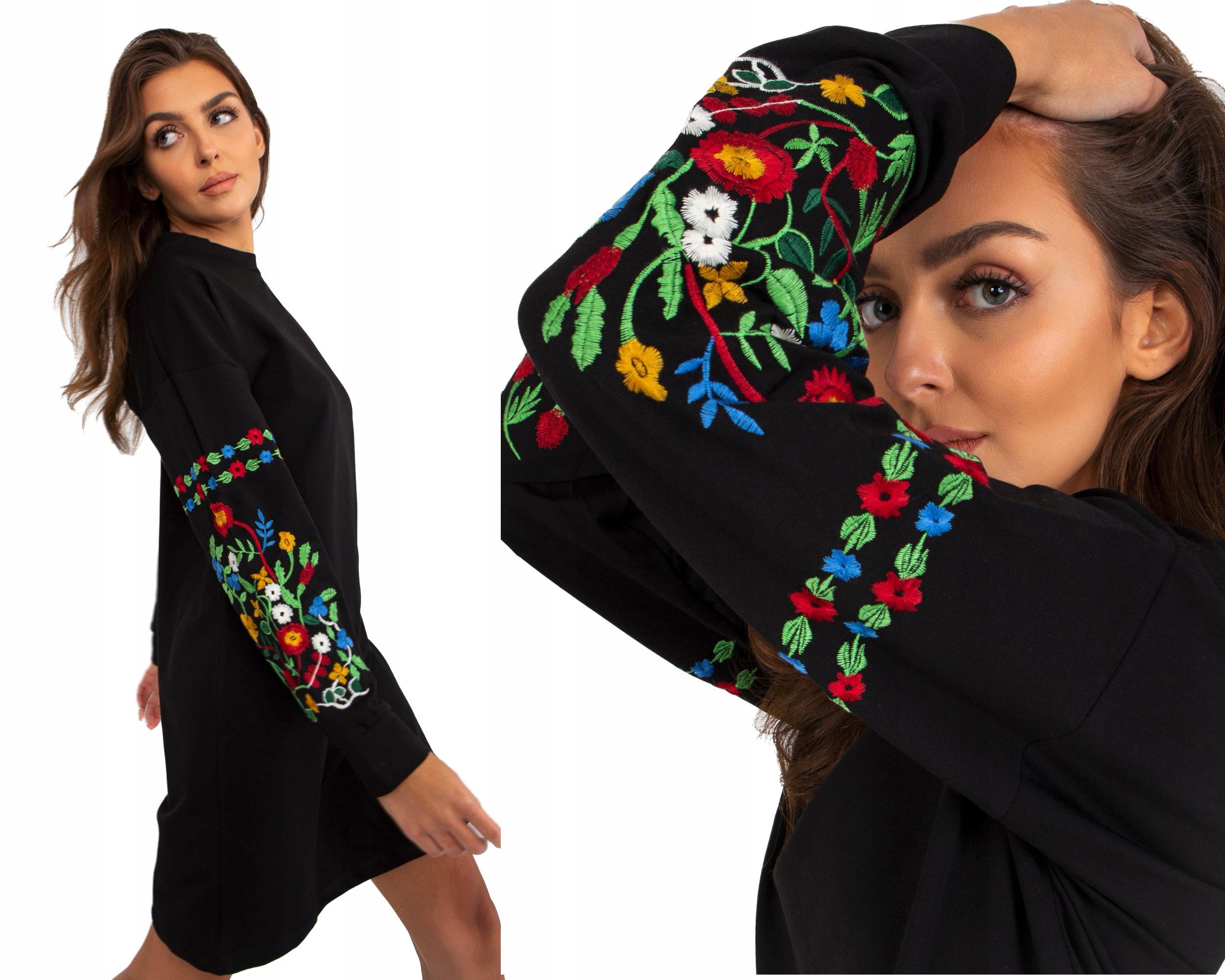 Tunika kieszonki Bawełna sukienka Modny Haft długi rękaw black 94P S/m