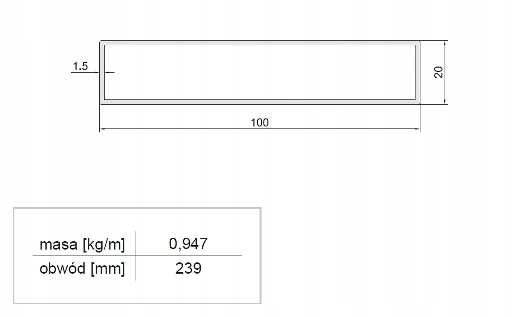 Profil aluminiowy 20x100x1.5 rura prostokątna 140 Materiał aluminium