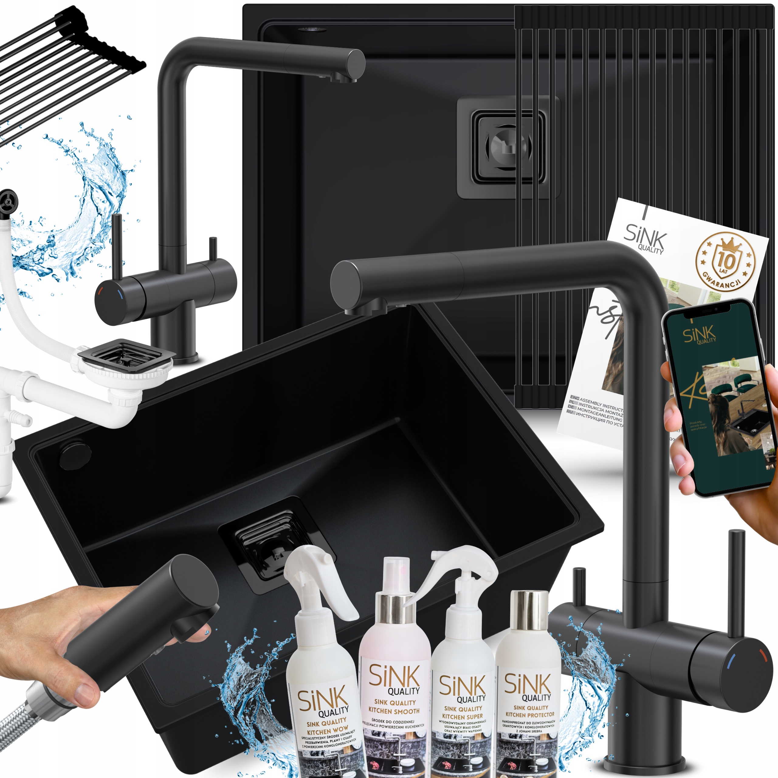 Granitový podvěsný dřez pod desku Černý s třícestnou baterií