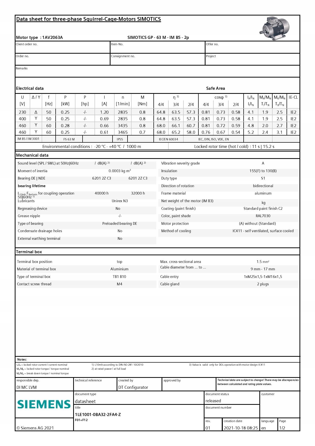 Silnik SIEMENS 0,25kW 3000obr/min z hamulcem Kod producenta 1LE1001-0BA32-2FA4-Z F01+F12