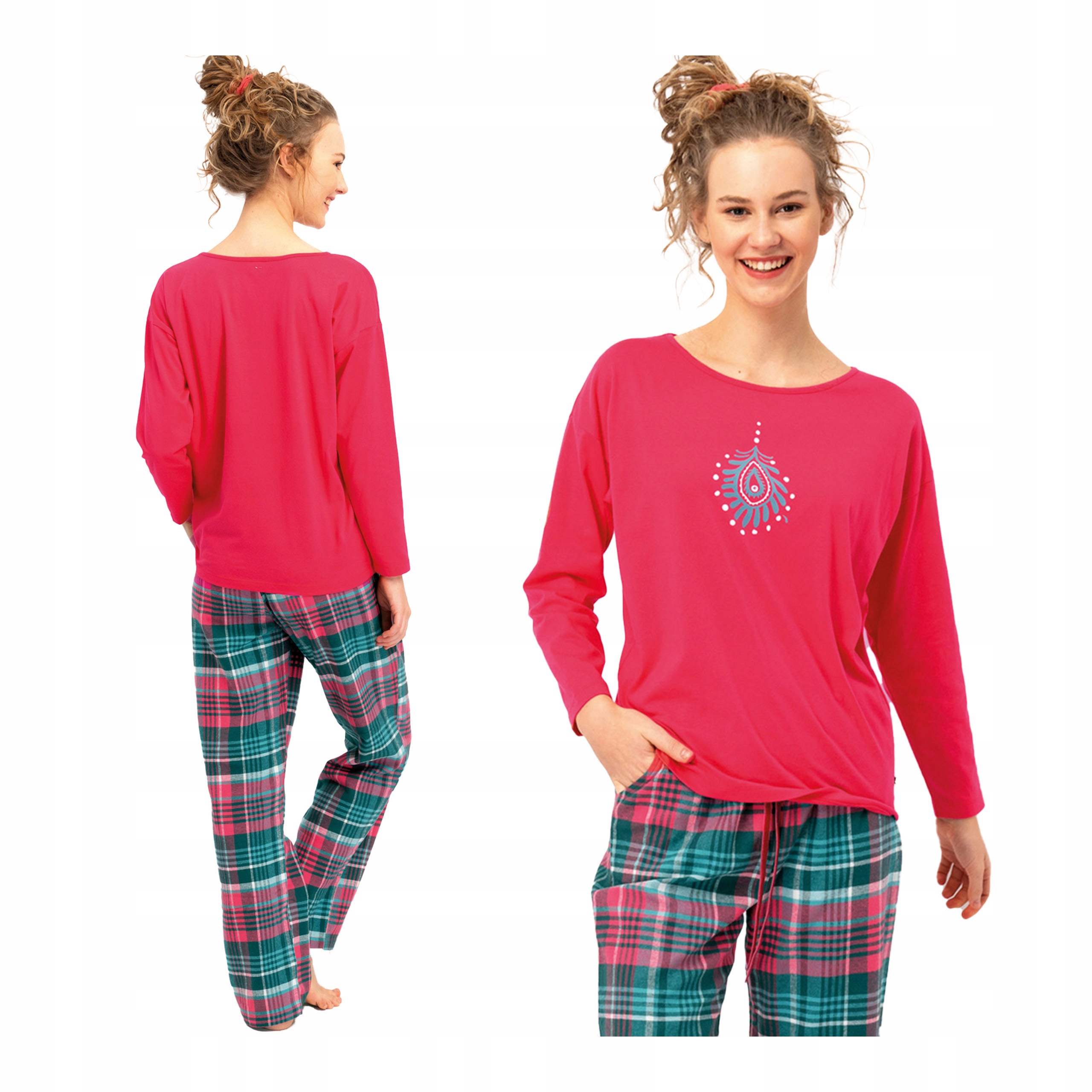 Dámské dvoudílné bavlněné flanelové pyžamo s dlouhým rukávem a kostkovaným vzorem Key S