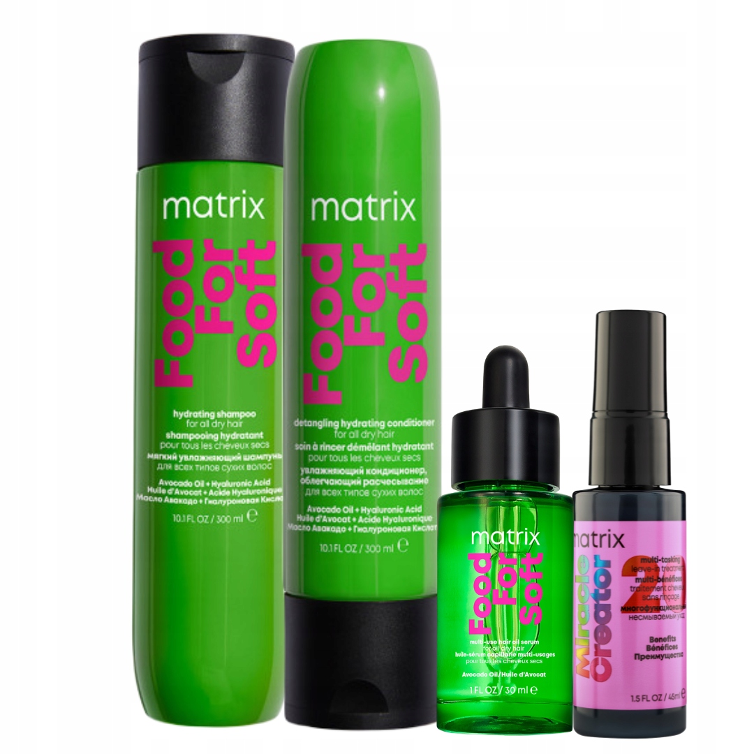 Matrix Food For Soft Nawilżający szampon, odżywka, olejek do włosów suchych