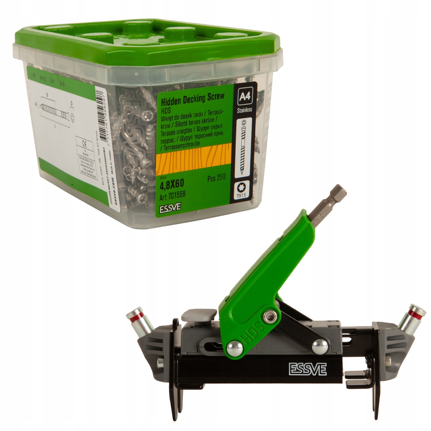 Essve Hds Nn Wkręt Tarasowy 4,8x60mm 250szt +pro Narzędzie montaż 105-155mm