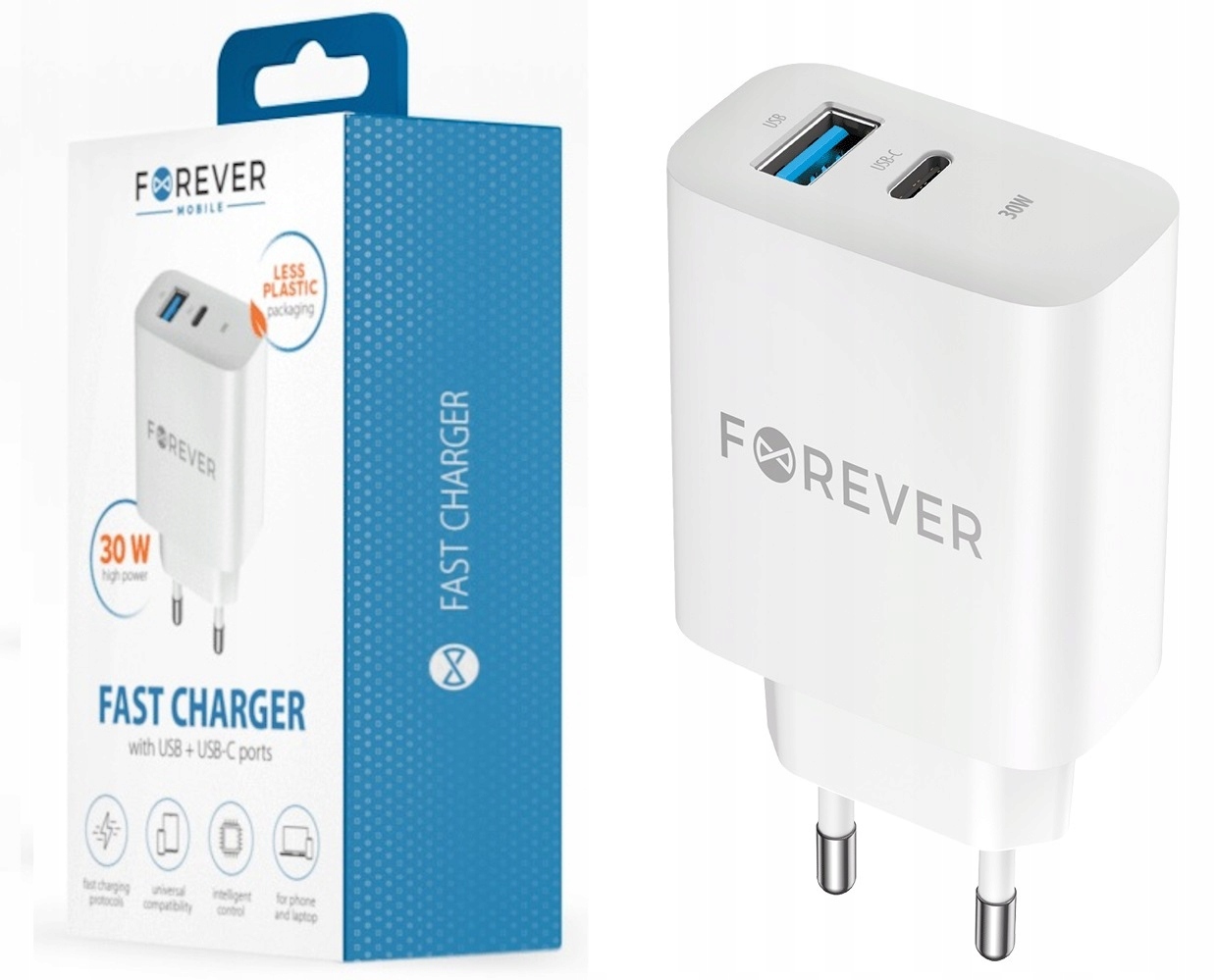 BARDZO SZYBKA ŁADOWARKA SIECIOWA PD QC 30W 1x USB-C 1x USB POWER DELIVERY