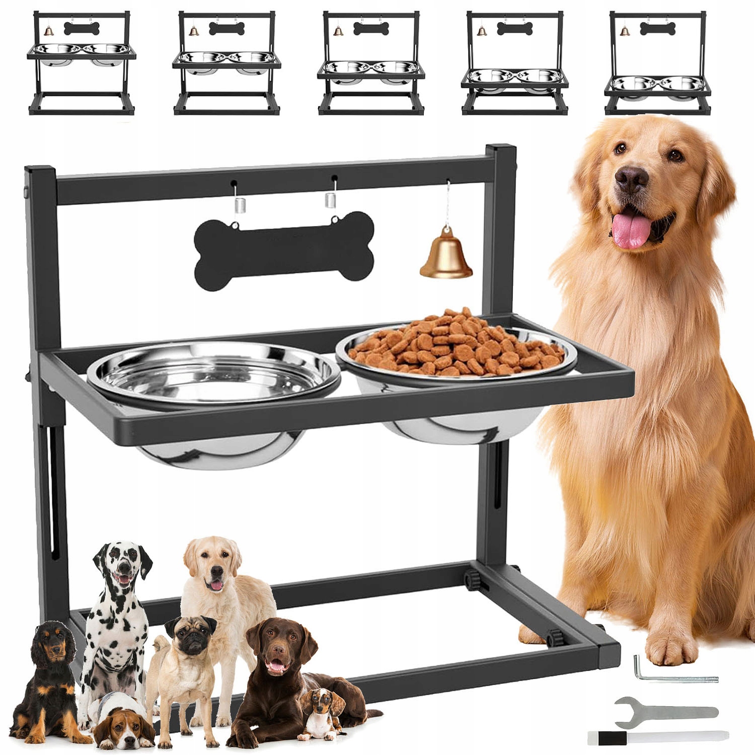 Levně 2ks Miska Pro Psa S Nastavitelným Stojanem Se Zvonkem A Štítkem Se Jménem