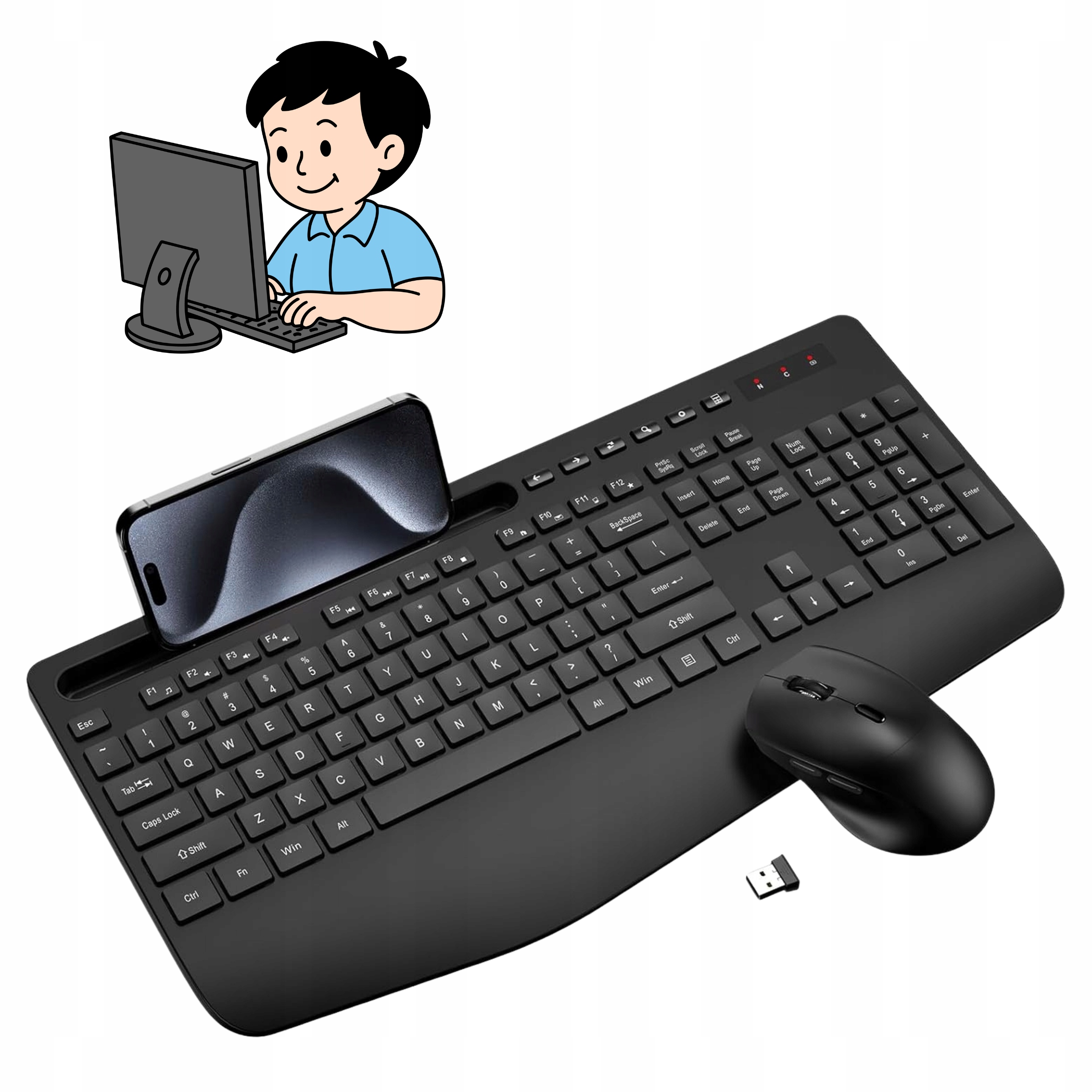 Klawiatura i Mysz Bezprzewodowa Zestaw Czarny Nowoczesny Ergonomiczny 2.4G