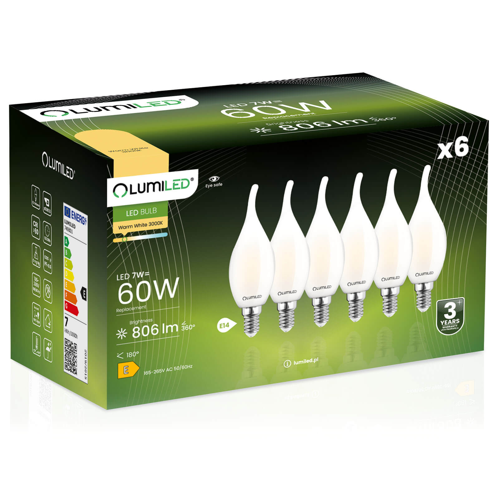 6x Żarówka LED PŁOMYK E14 7W = 60W 3000K Filament