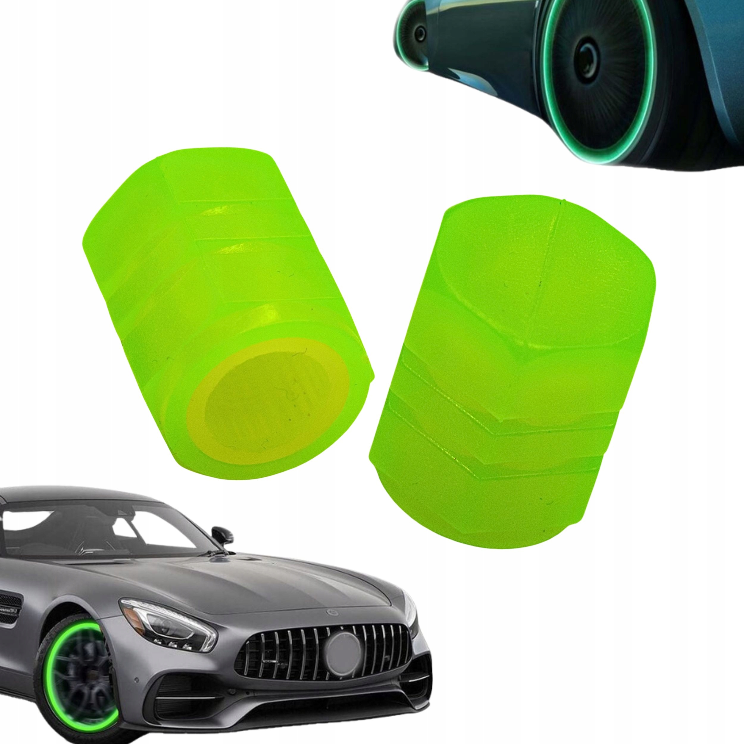 NAKRĘTKI NA WENTYLE ŚWIECĄCE FLUORESCENCYJNE DO KOŁA ROWERU SAMOCHODU 2SZT