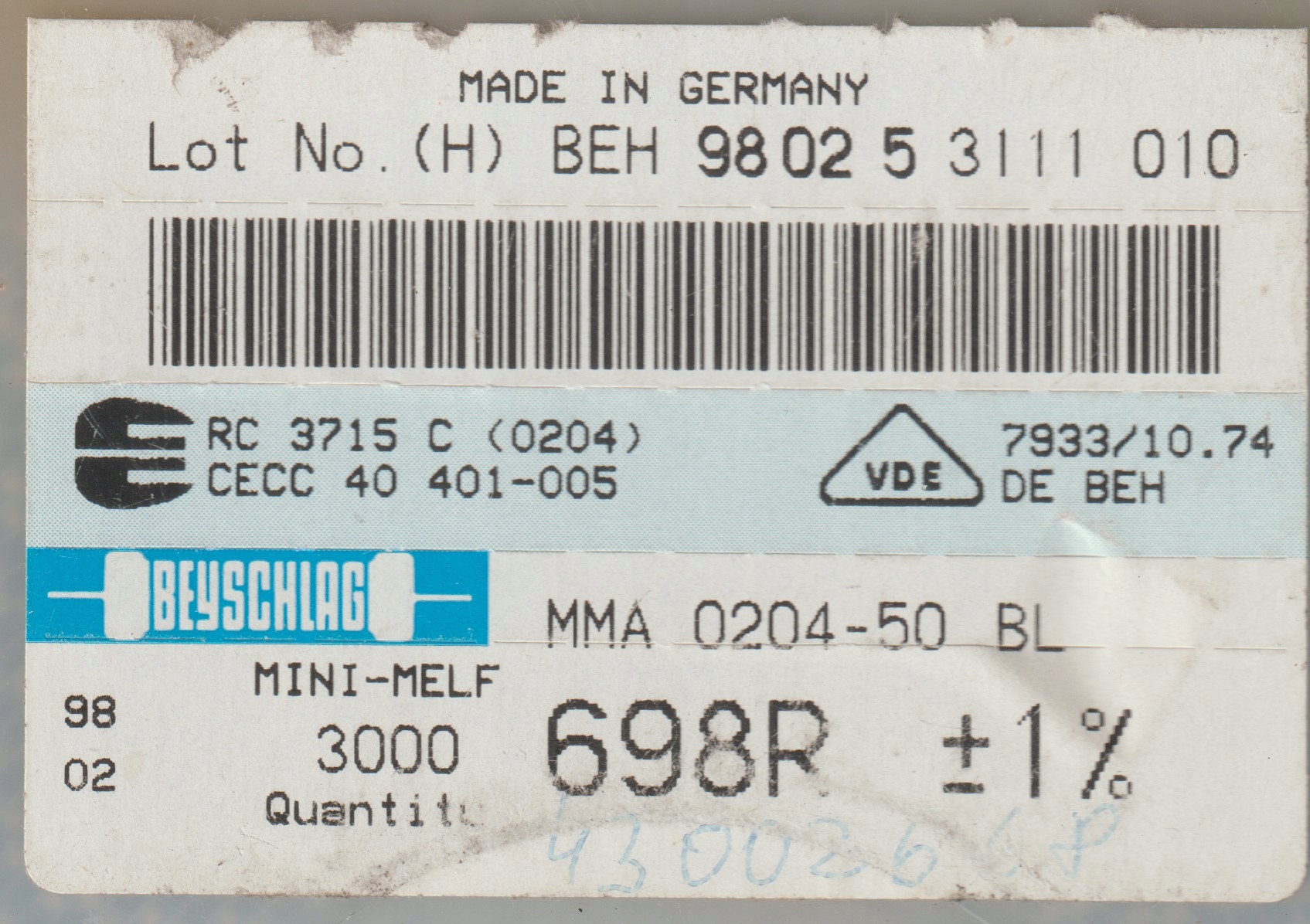 [100szt] 698R 1% 50ppm rezystor Smd minimelf MMA0204 Beyschlag low noise