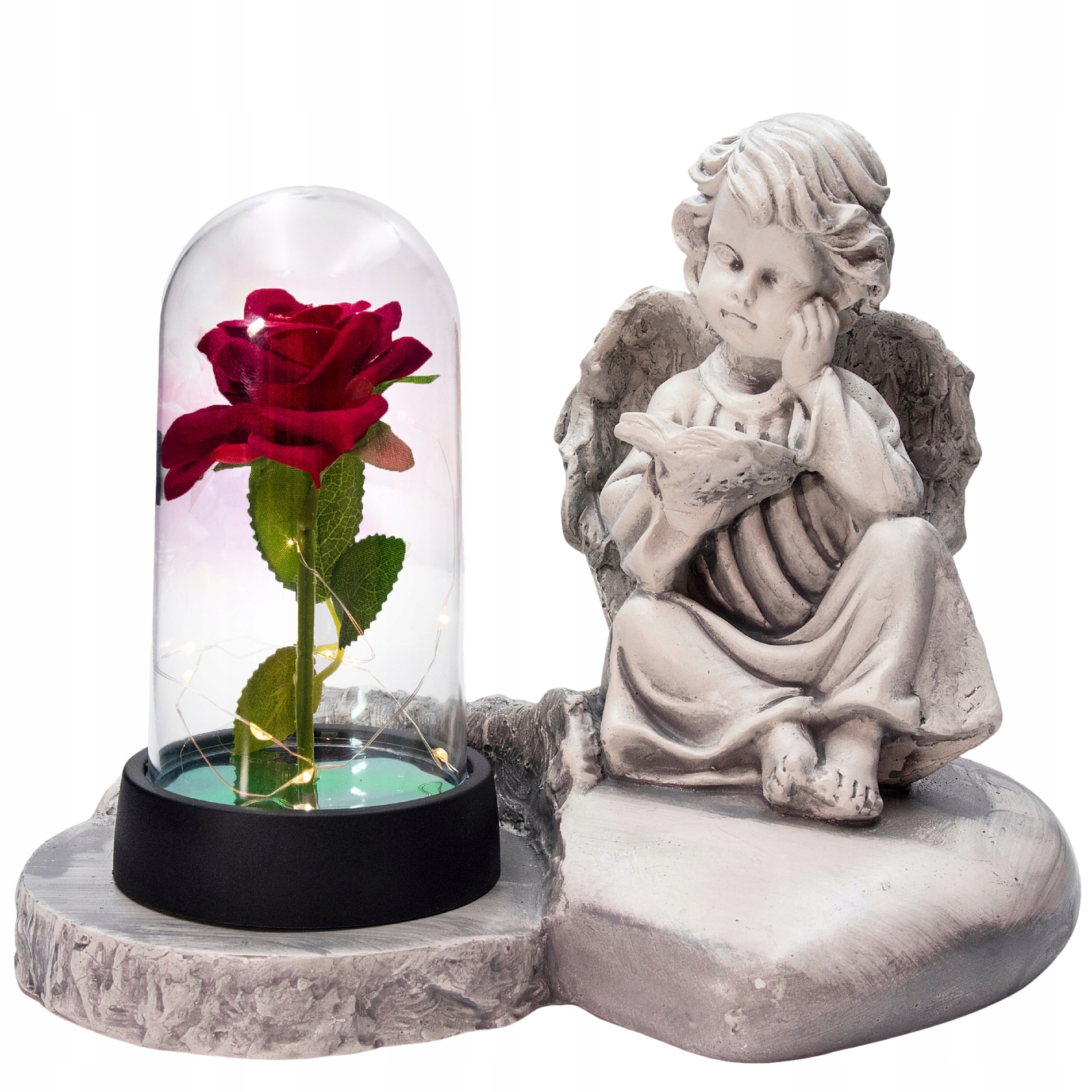 Hřbitovní Svíčka Sádrová Figurka Šedý Anděl Kniha Led lampička Růže Sádra