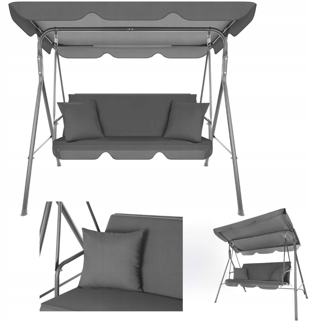 Huśtawka Ogrodowa Ławka Bujana Wolnostojąca 3 Osobowa Szara Poduszki