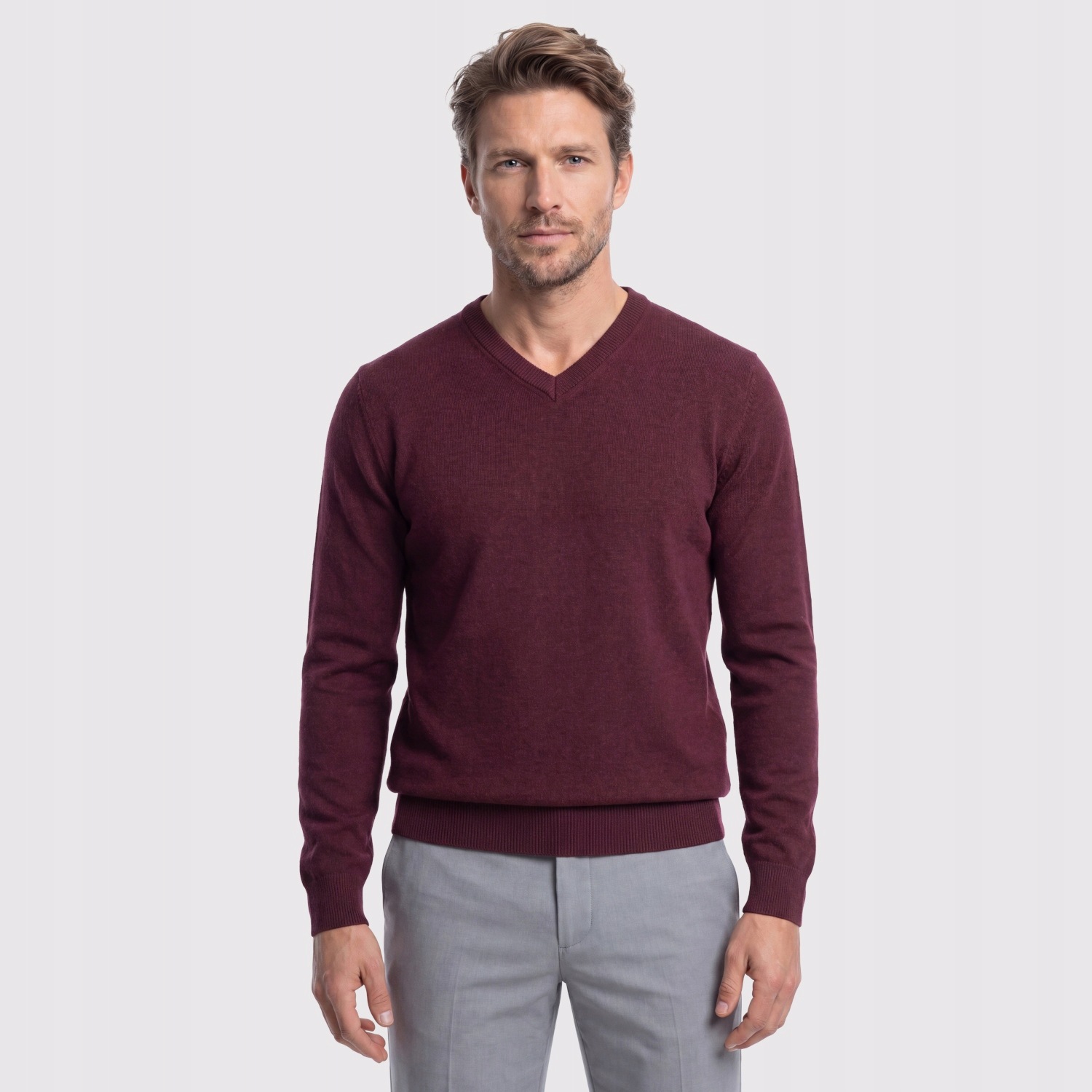 Elegantní vínový svetr v-neck 100% Bavlna Pako Lorente vel 3XL