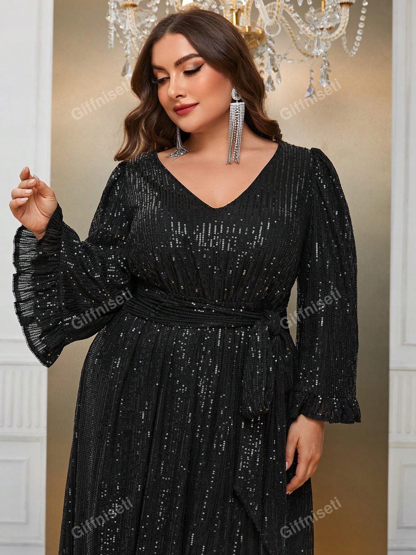 Šaty Flitrové Šaty Se Zavazováním V Pase Maxi Černé Giffniseti XXL 44