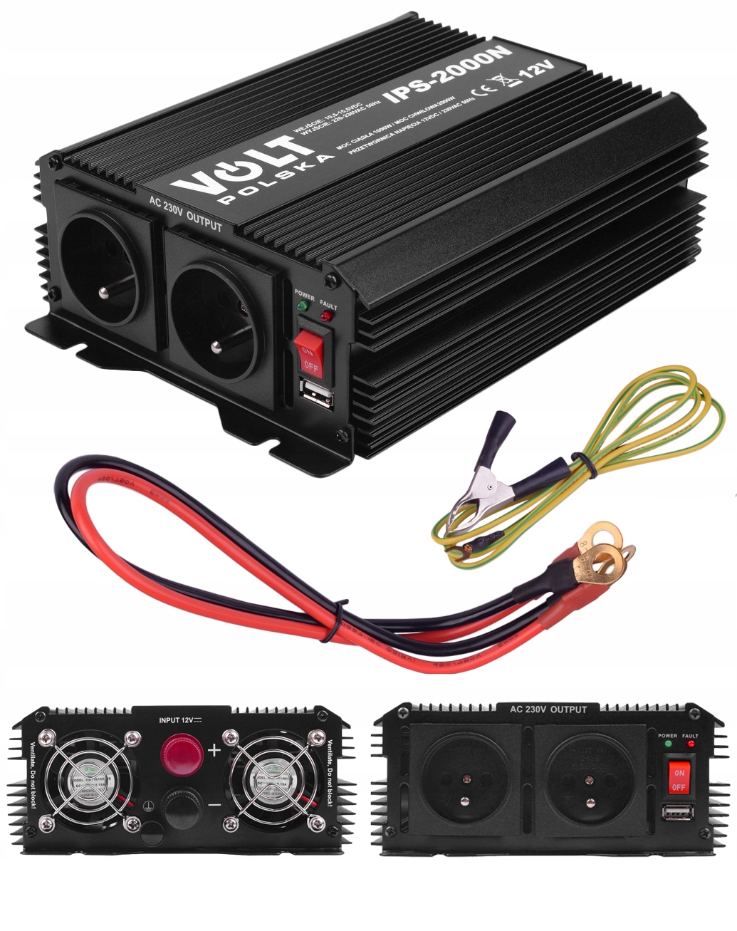 Przetwornica Samochodowa 12V 230V 1000W/2000W Sinus Modyf. Grzałka Komputer