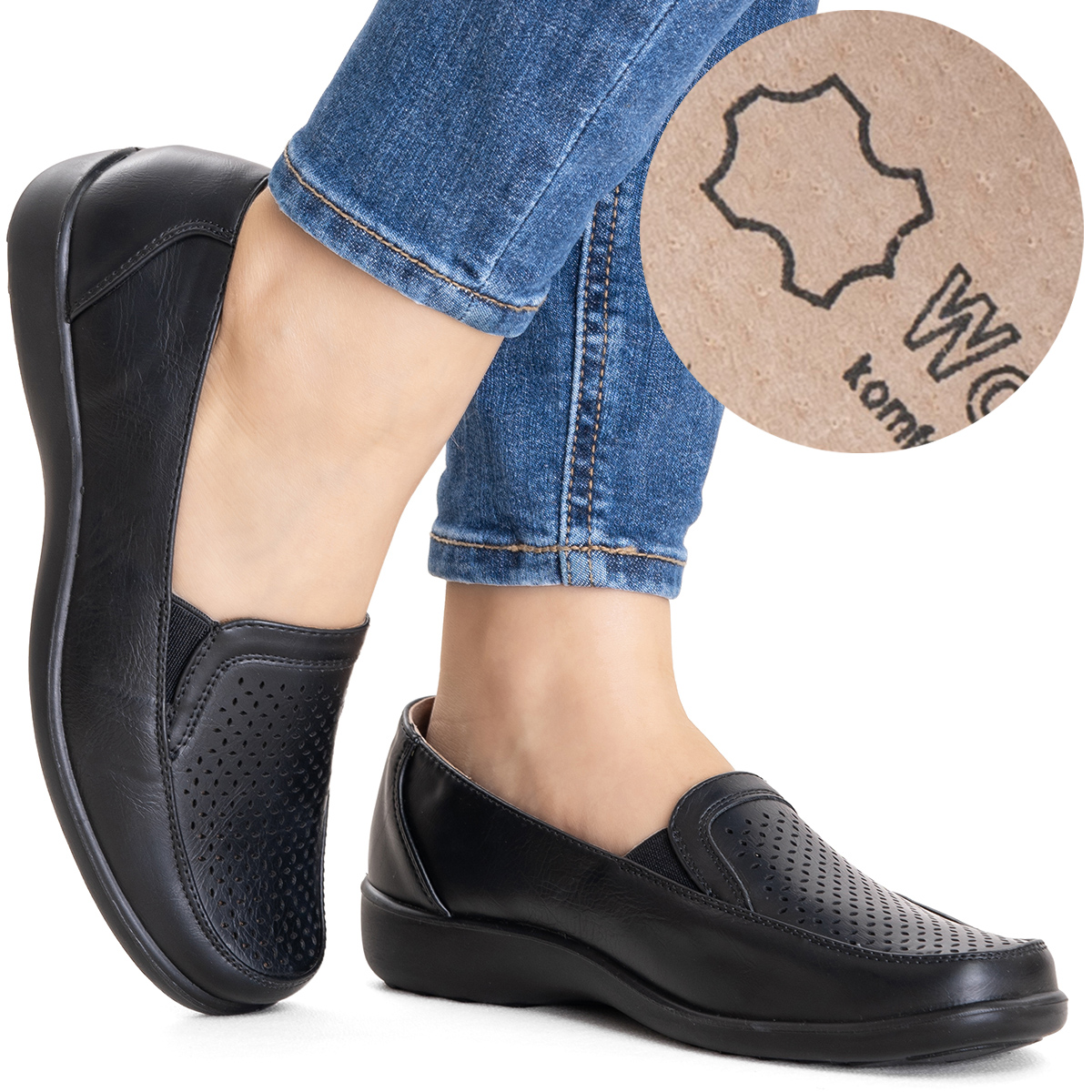 Polobotky v.KŮŽE pohodlné Ažurové mokasíny stabilní nazouvací Wojtyłko 40