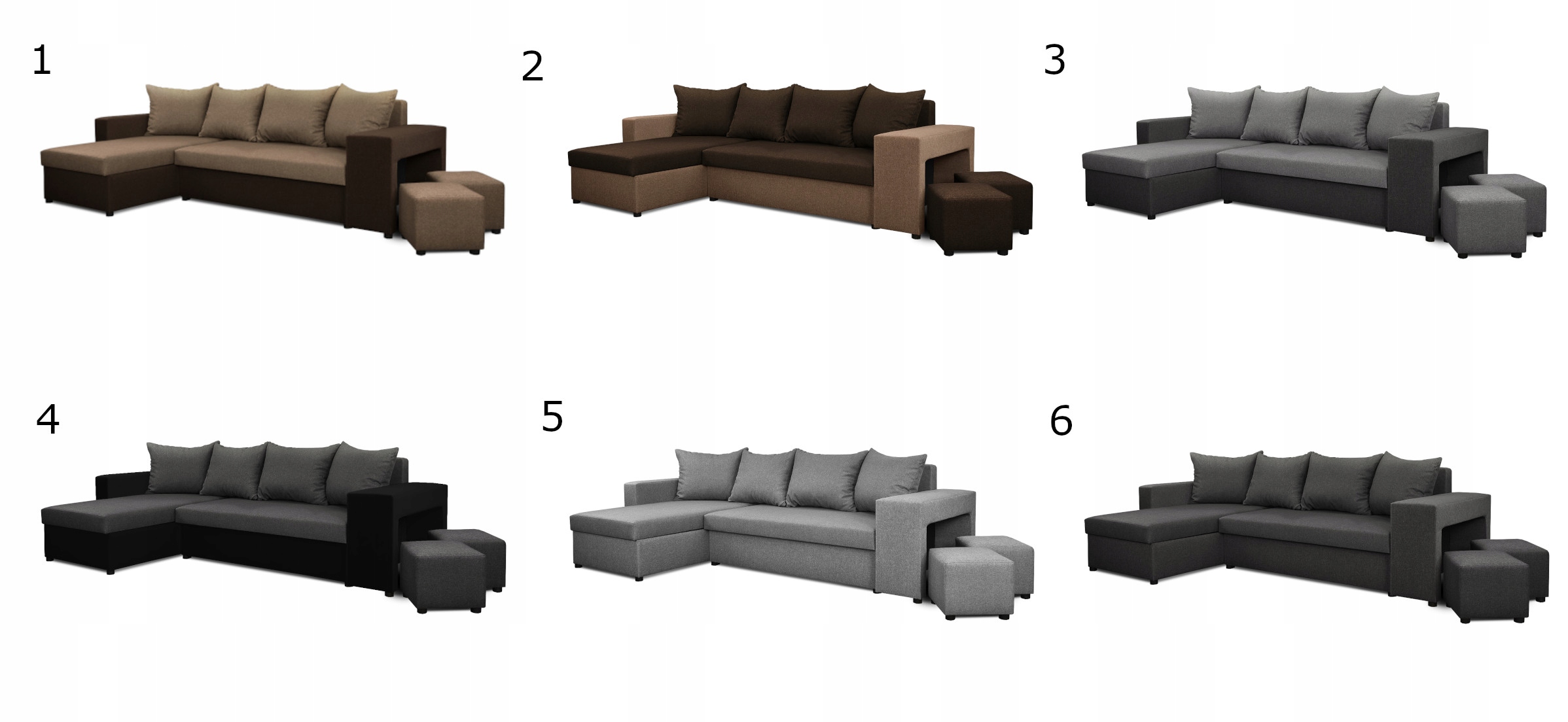 Nowoczesny narożnik z dwoma pufami w cenie. Głębokość mebla 140 cm