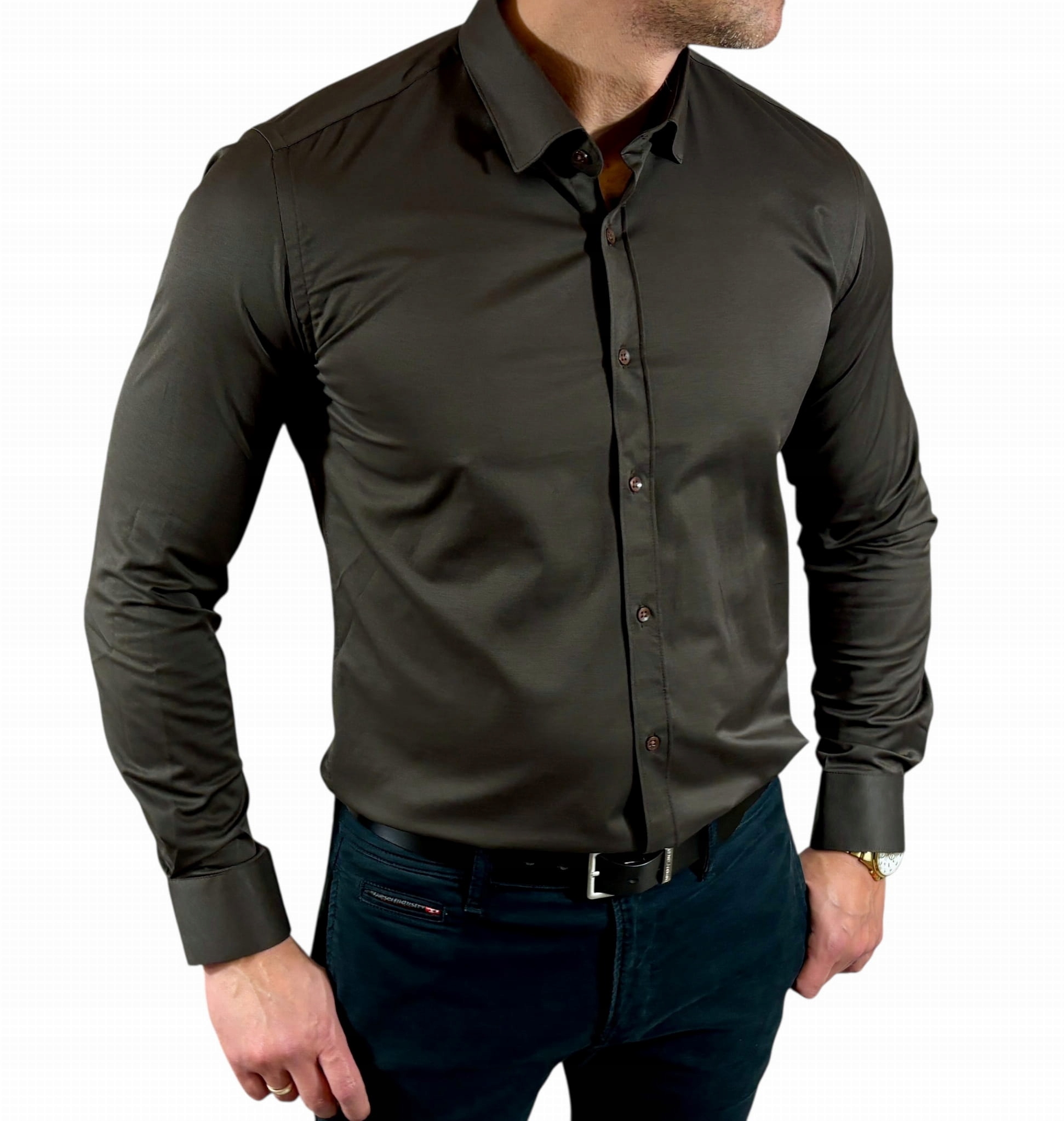 Košile regular klasická saténová hladká elegantní barva čokoládová 101/09