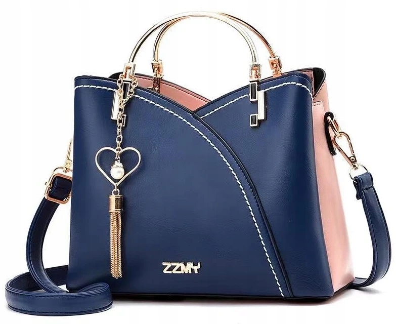 piękna Torebka kuferek brelok SERCE złoty GRANATOWA