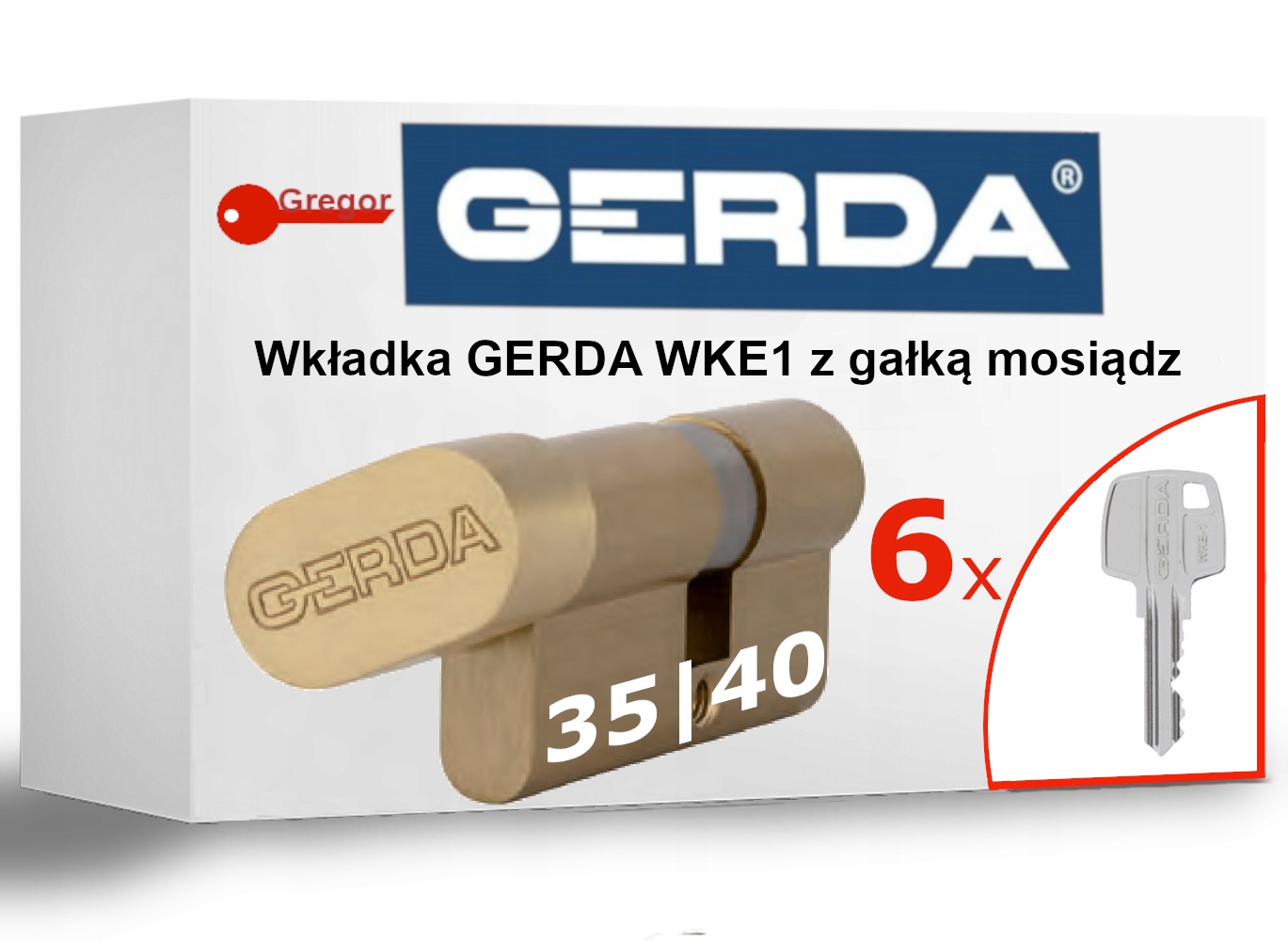 6 Kluczy Wkładka zamek Gerda WKE1 G35/40 mosiądz z gałką 6 kluczy
