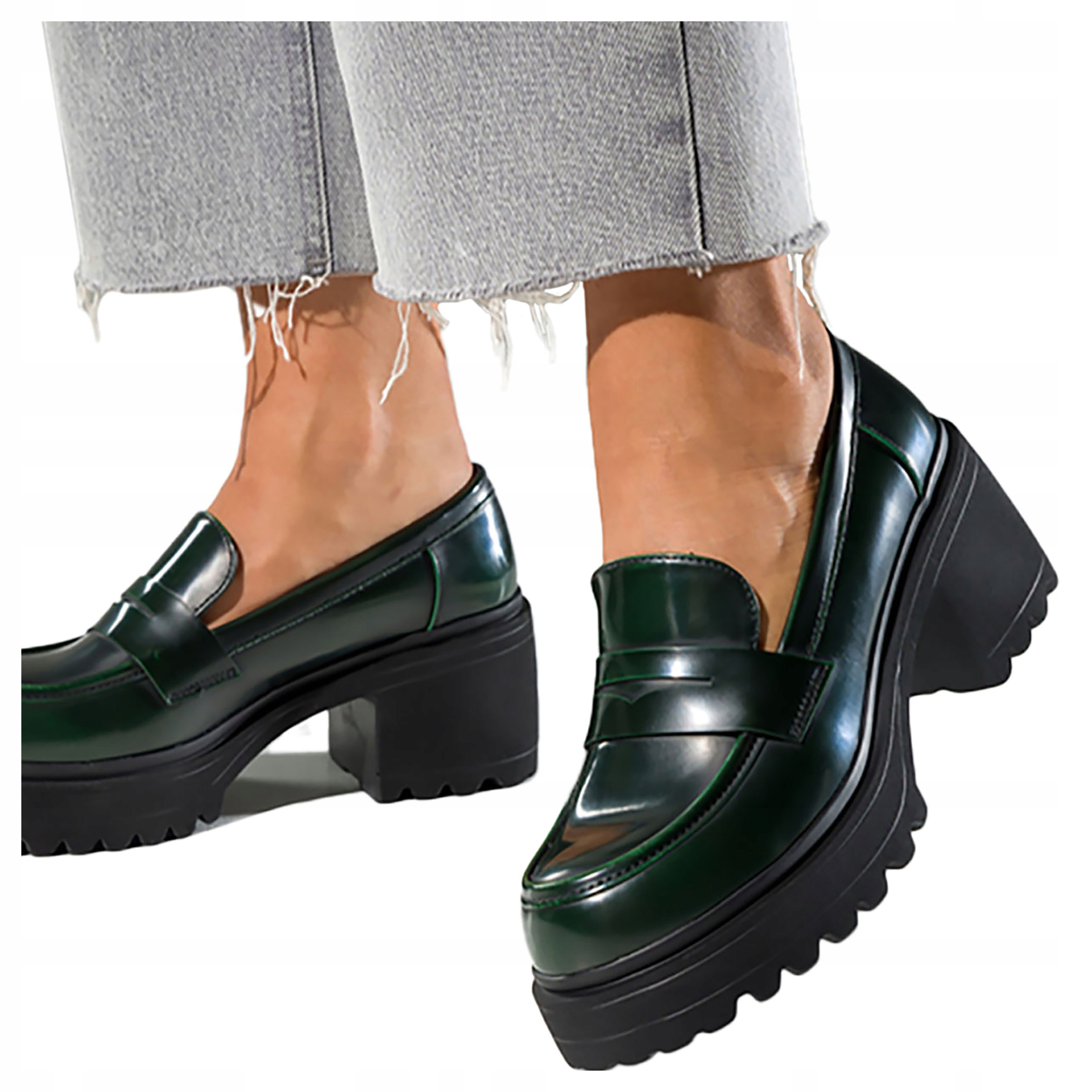Półbuty Zielone Mokasyny Na Obcasie Klocku Z Bieżnikowaną Platformą r 37