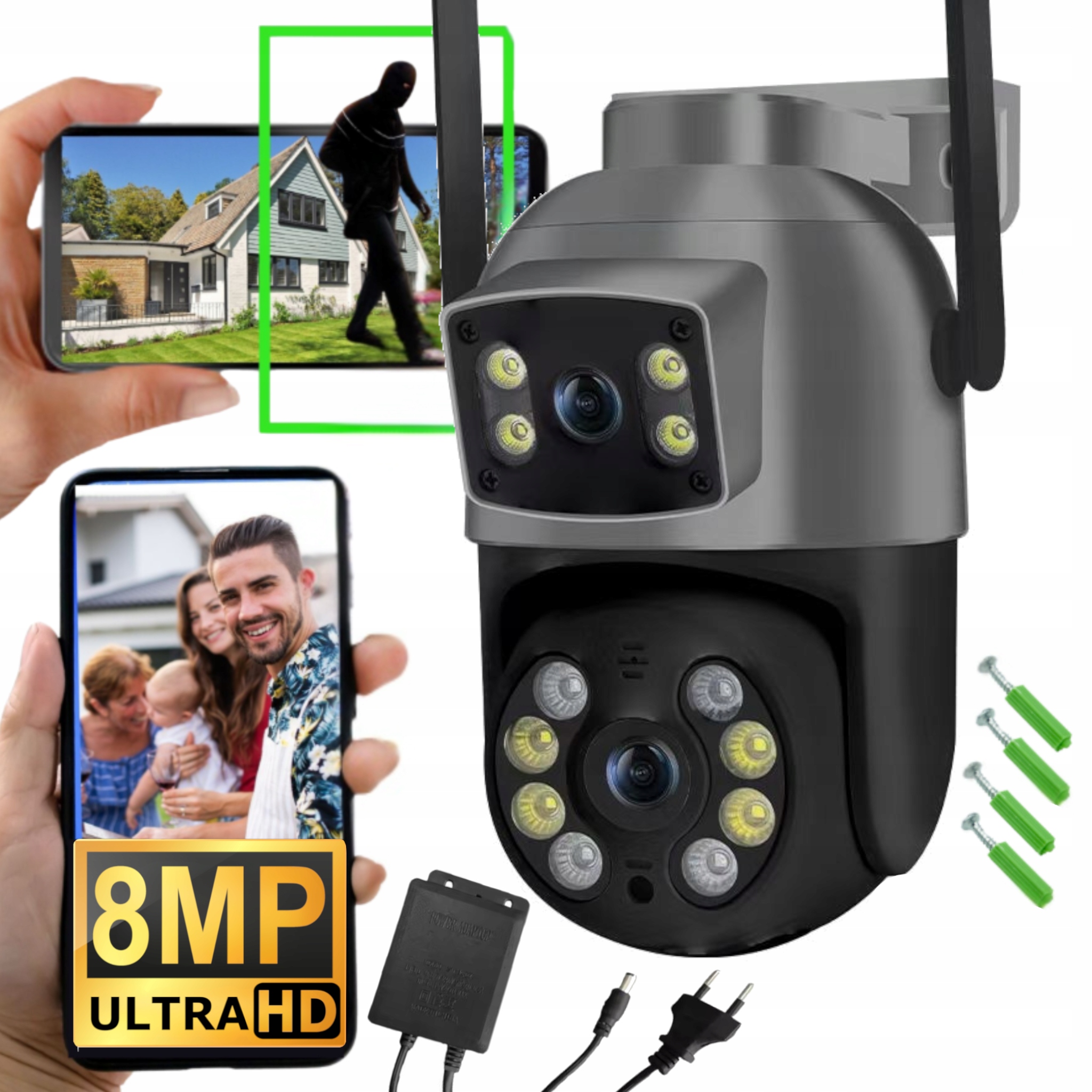 Podwójna Kamera Wifi Ip Smart Zewnętrzna Obrotowa 4K 8MP Ultra Hd Audio Uhd