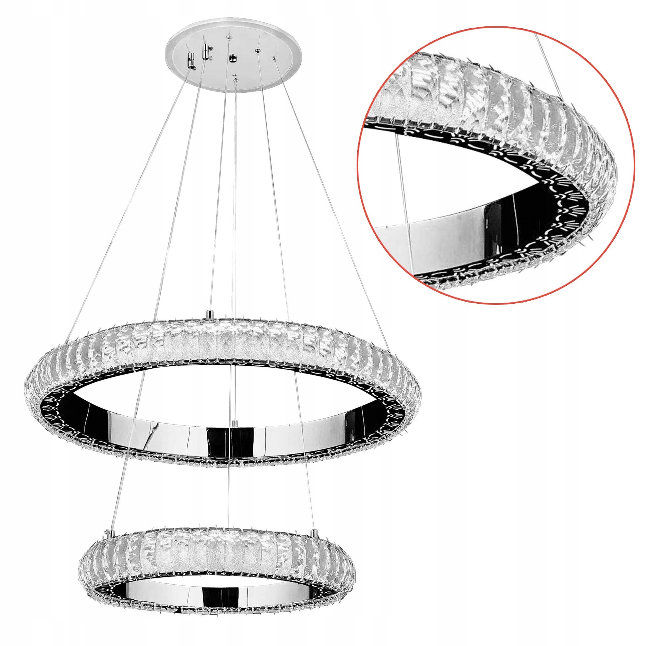 Led závesná lampa Chrom 63 cm G044 Dvojitá obruč s kryštálmi do obývacej izby