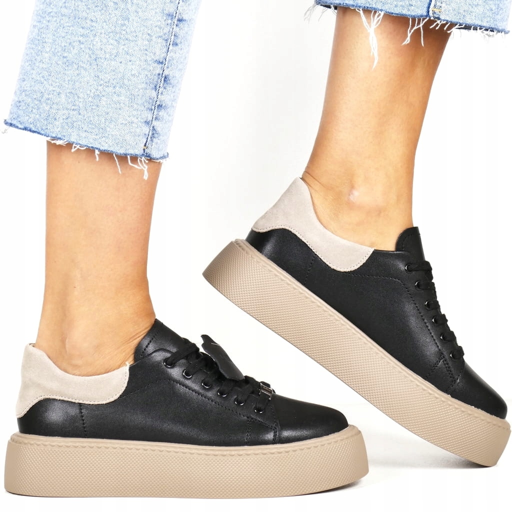 Dámské Polobotky Z Kůže, Černé Tenisky S Béžovou Podrážkou, Top New
