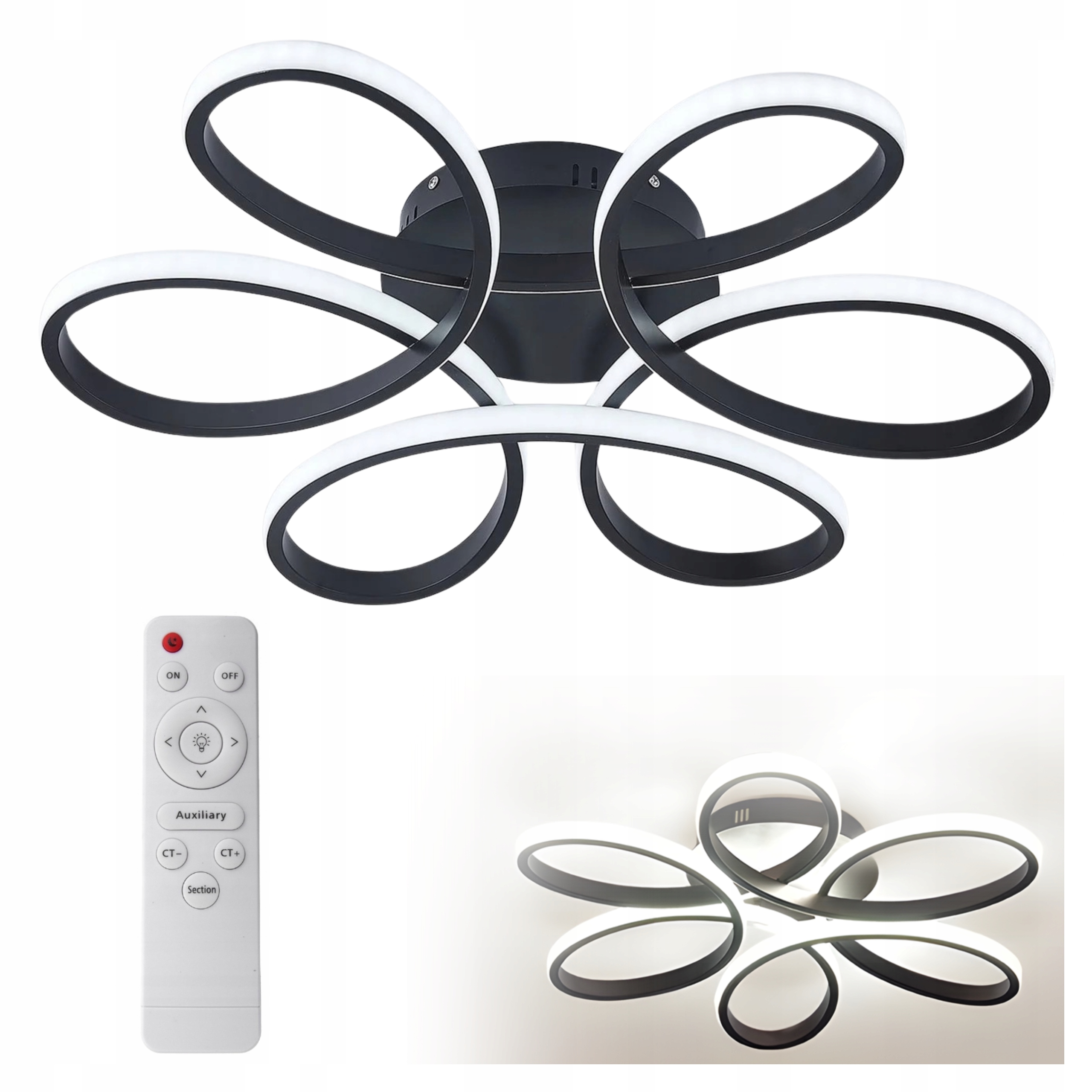 Dekorativní Lampa Stropní Svítidlo Květina Led 6 Obruče Osvětlení Černá 60 cm 56 W