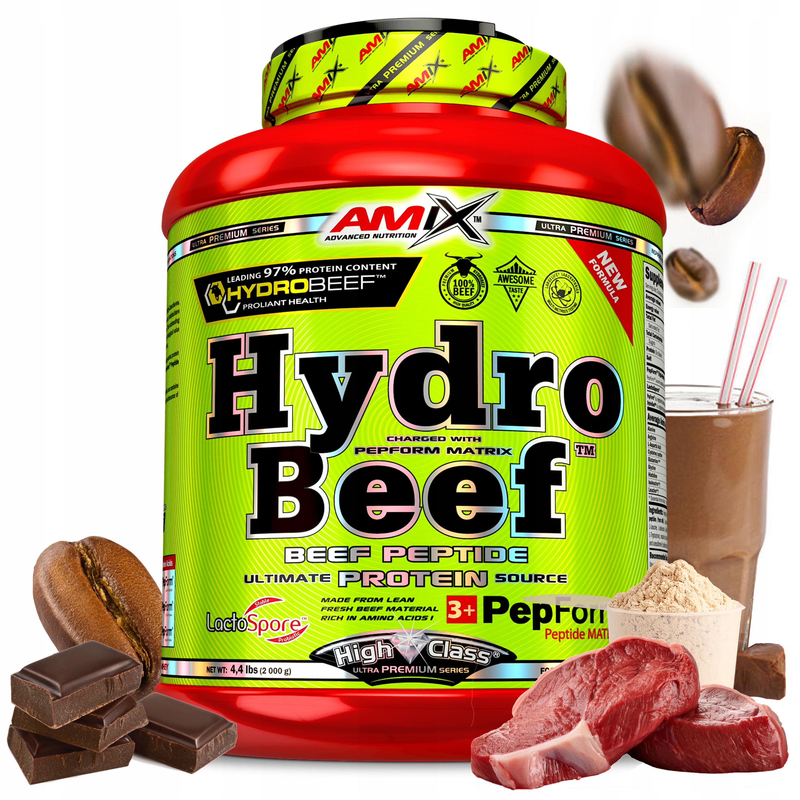 Hydrobeef Hovězí Protein Amix 2 kg Čokoláda káva Glycin Hydrovon Hydrolyzát
