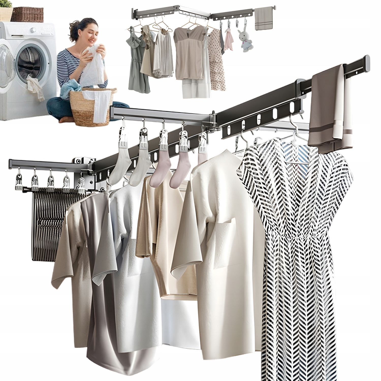 Levně Nástěnný Věšák Na Oblečení Hliníkový 130 CM S Klipy Na Sušení 130 CM