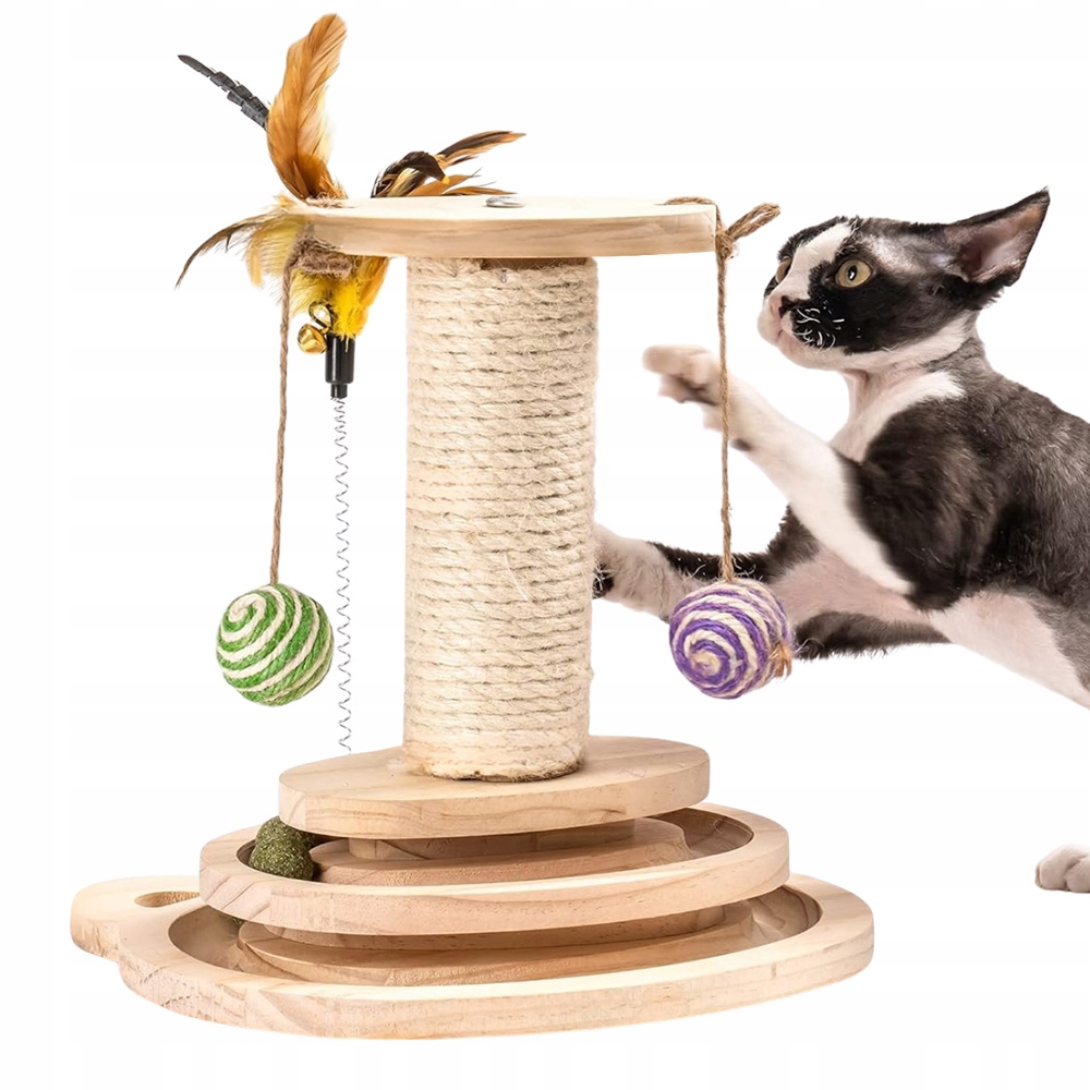 Levně Škrabadlo Pro Kočky Hračka Věž 4V1 Míčky Kuličky Pírko Sloupek Na Škrábání