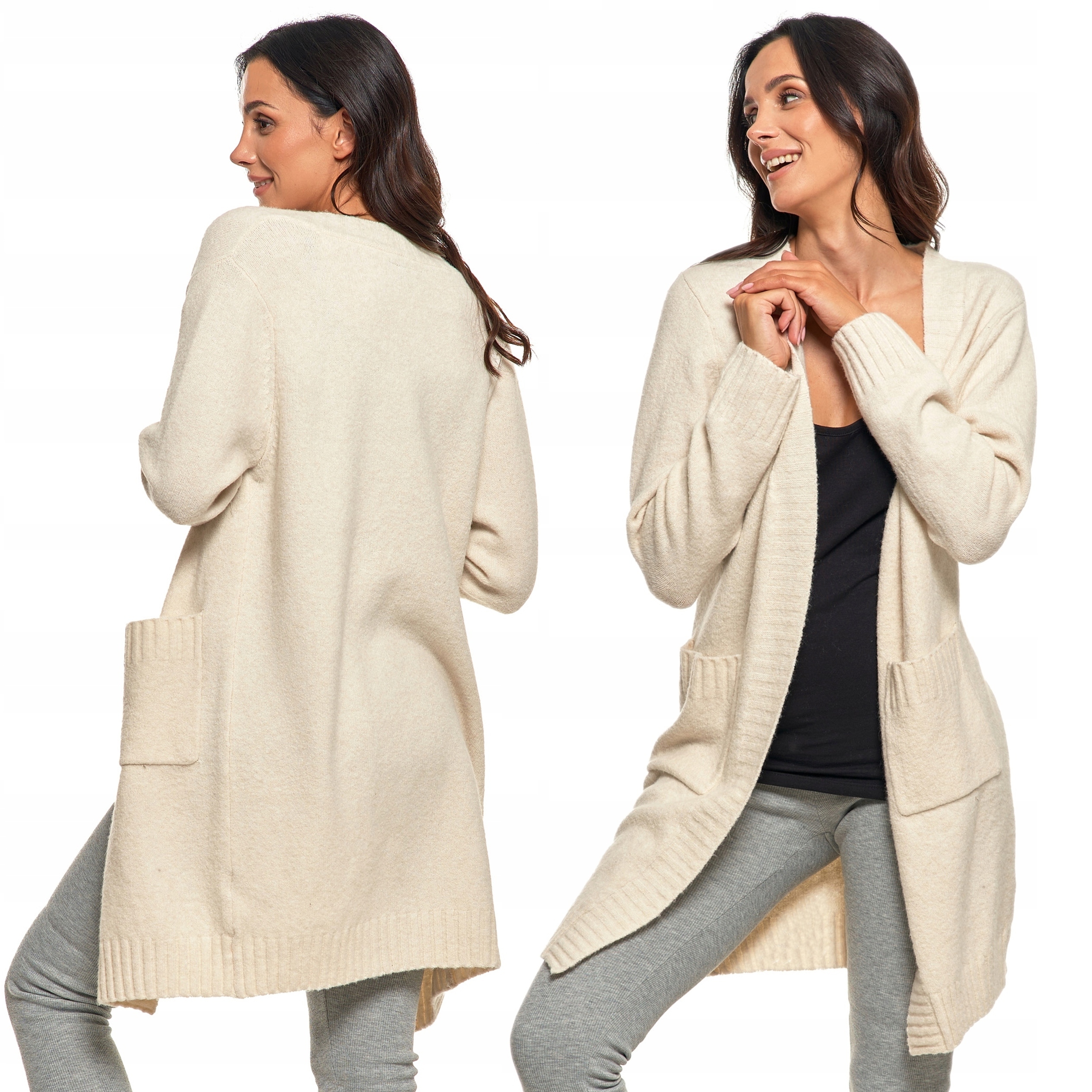 Dámský Kardigan Moraj Dlouhý svetr Přehoz bez zapínání Kapsy Xs/s