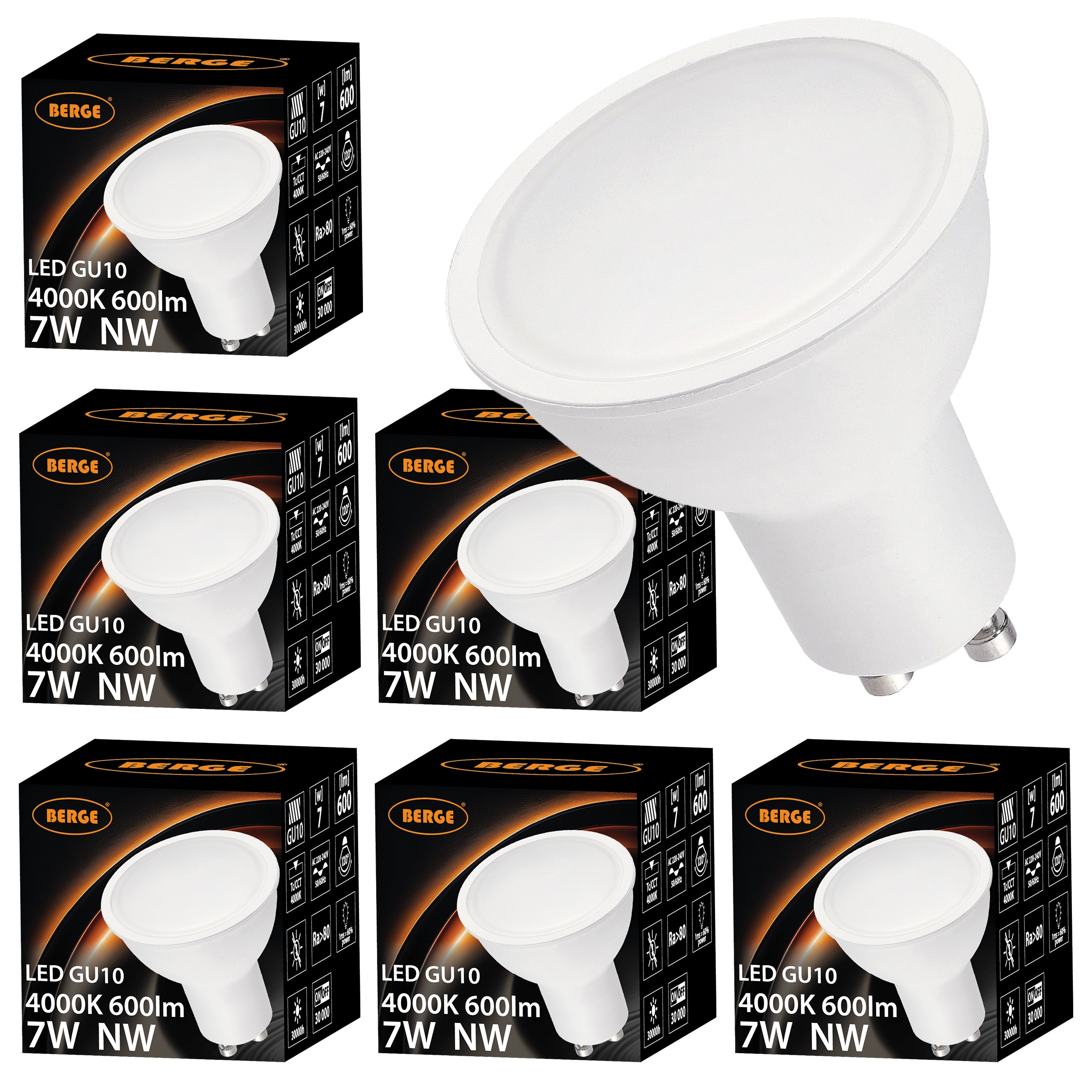 6x LED žárovka GU10 7W 600lm Neutrální barva 4500K Denní světlo Halogen