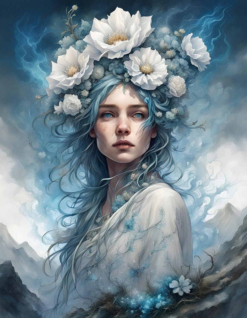 Diamantová výšivka Žena Portrét Květiny Modré Hory Krajina XXL 40x60 cm