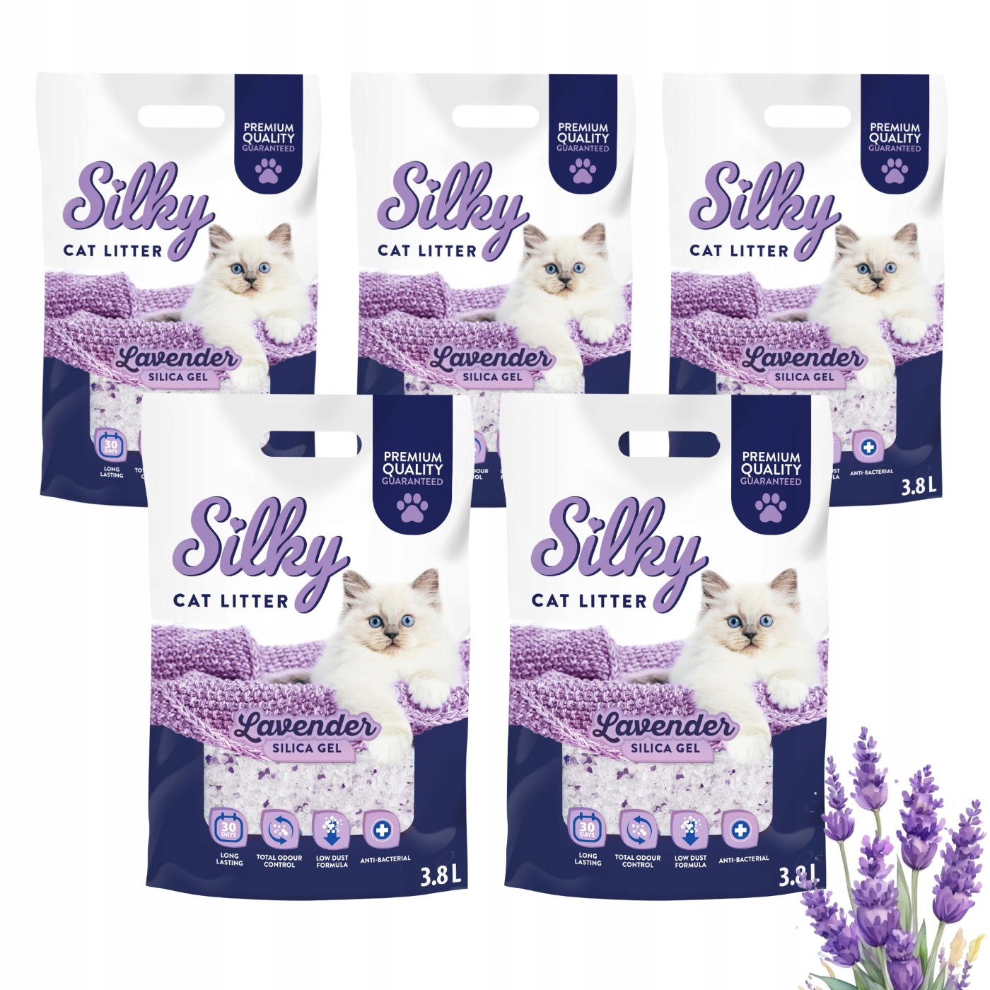 Silikonové stelivo pro kočky bezprašné Silky Lavender 3,8 l, sada 5 ks