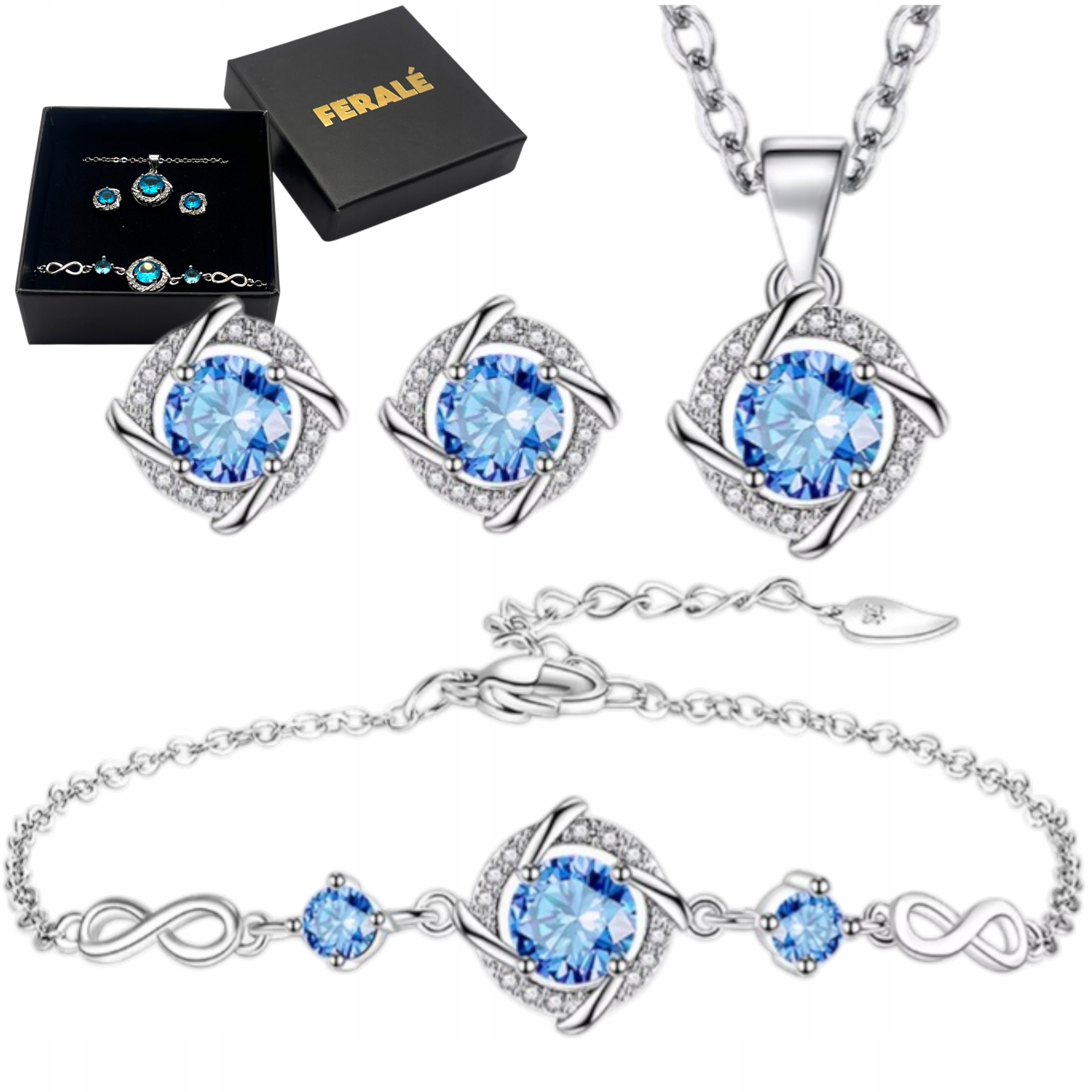 Srebrny Komplet Biżuterii 925 Nieskończoność Naszyjnik Bransoletka Kolczyki