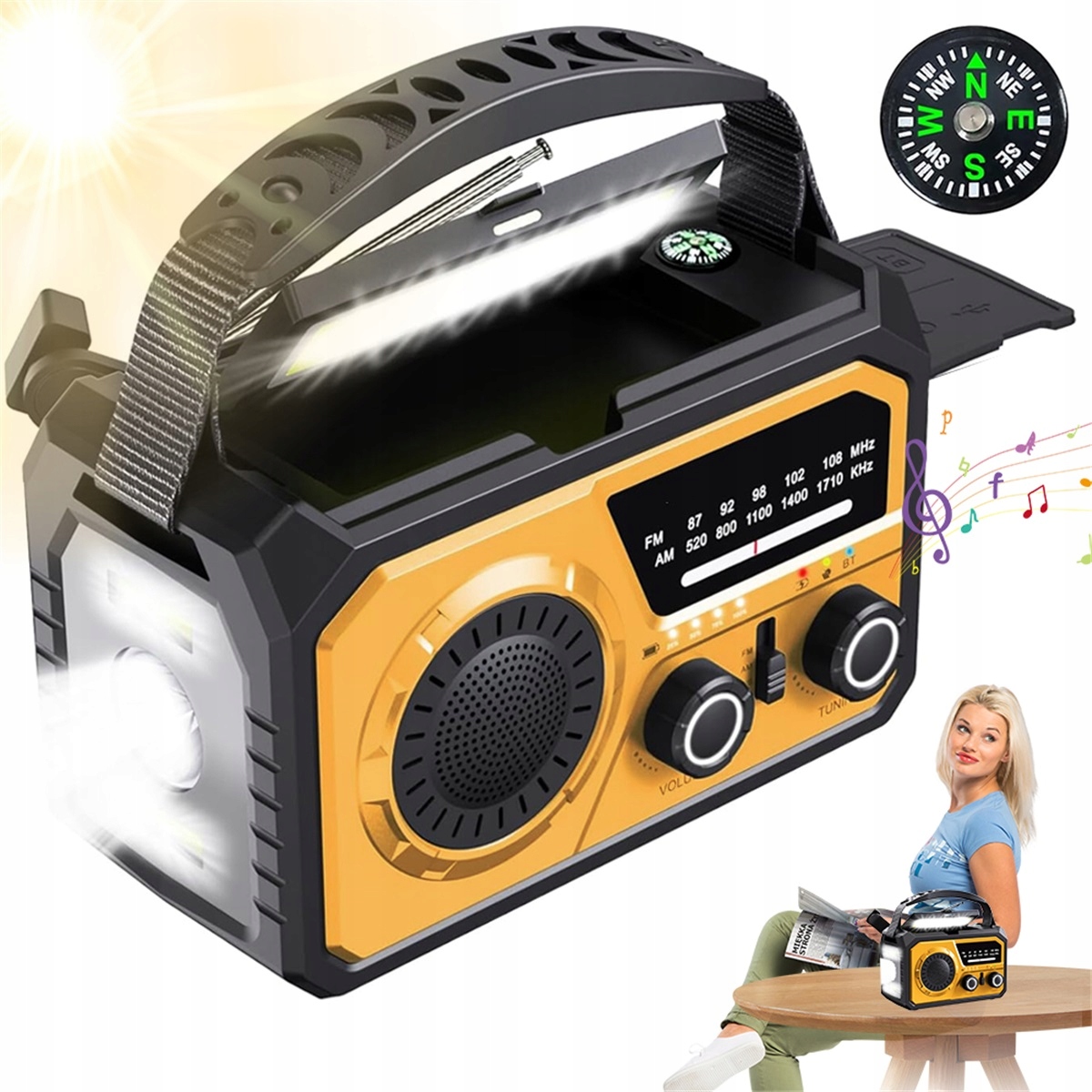 Rádio so solárnym nabíjaním 16000 mAh Bluetooth 5.3 s kompasom, žlté