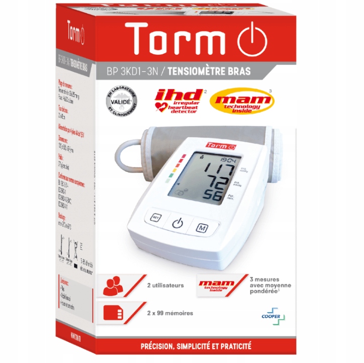 Ciśnieniomierz Naramienny Torm BP3KD1-3N w Kolorze Białym Duży Ekran LCD