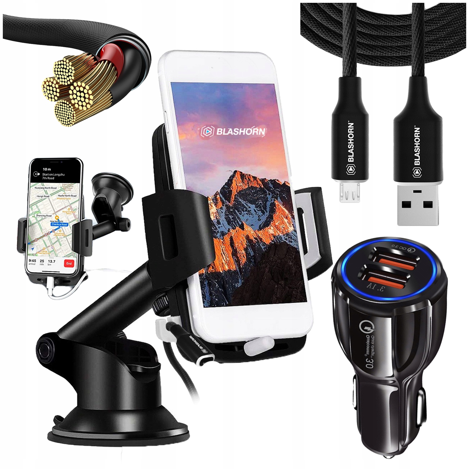 Uchwyt na Telefon szybę Samochodowy Ładowarka do samochodu Kabel Micro 1.2m