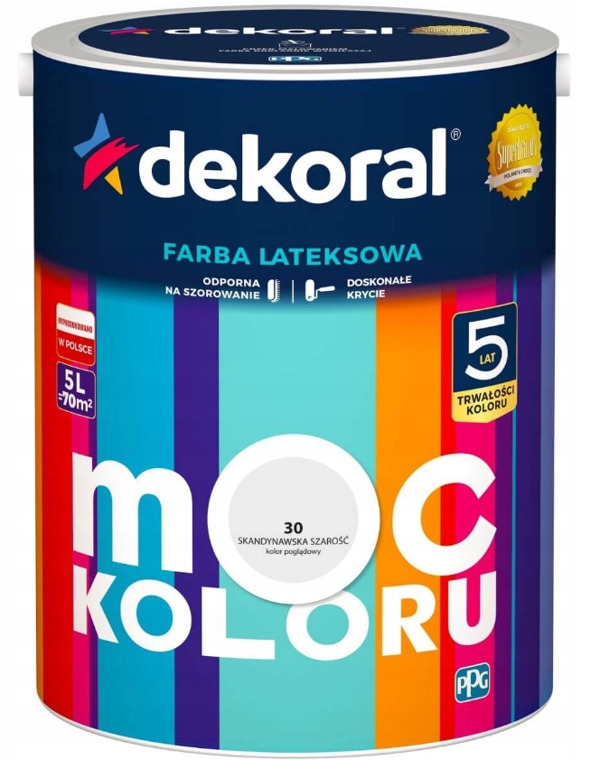 DEKORAL MOC KOLORU FARBA LATEKSOWA AKRYLIT W SKANDYNAWSKA SZAROŚĆ 5L Stan opakowania oryginalne