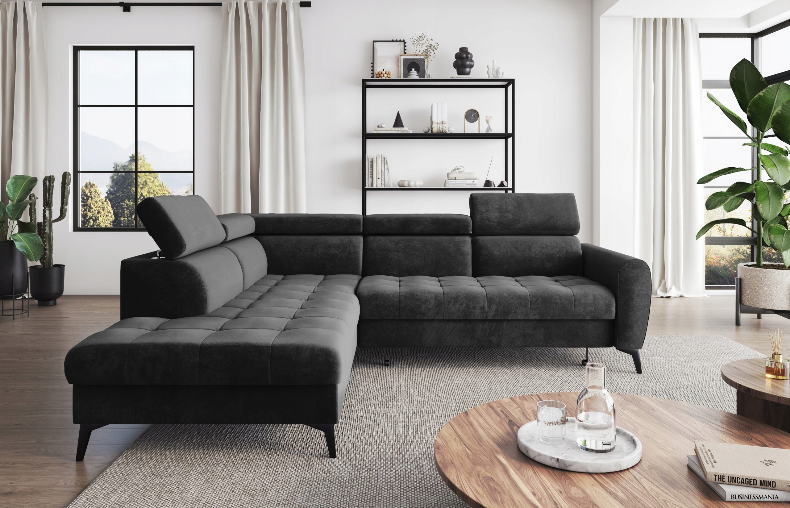 Moderní rohová sedací souprava stůl s funkcí spaní Bjorn L, grafitový, levý.