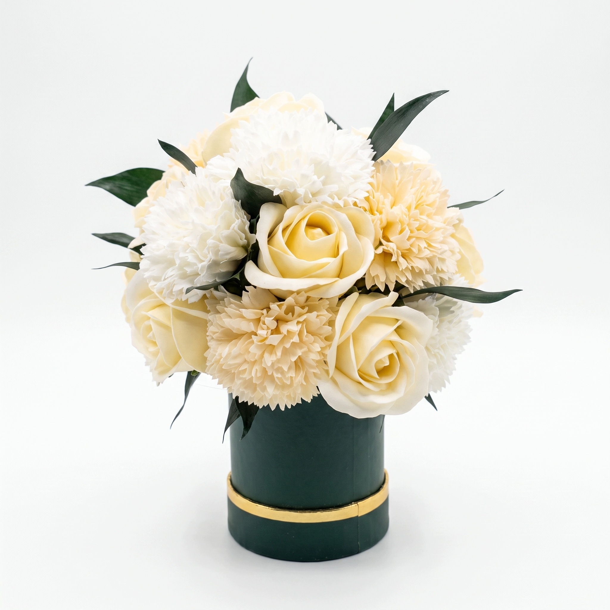 Flower box Kwiaty Mydlane Wieczne Roze Gozdziki Bukiet Ecru Zielony