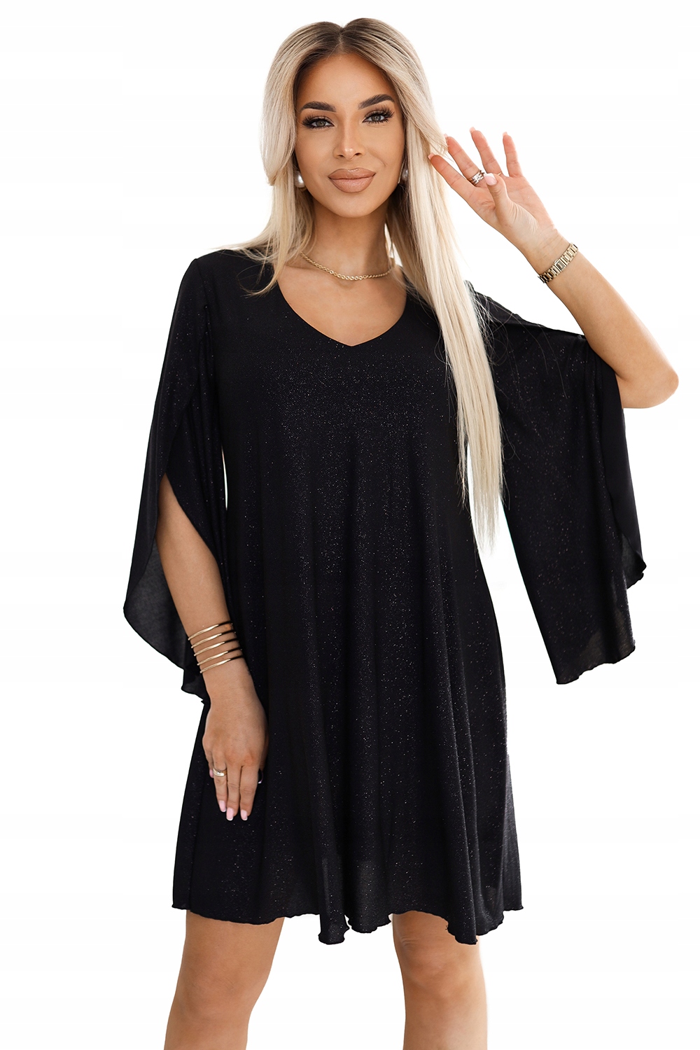 Černá Elegantní trapézová Šaty s rukávy typu motýl s se třpytkami