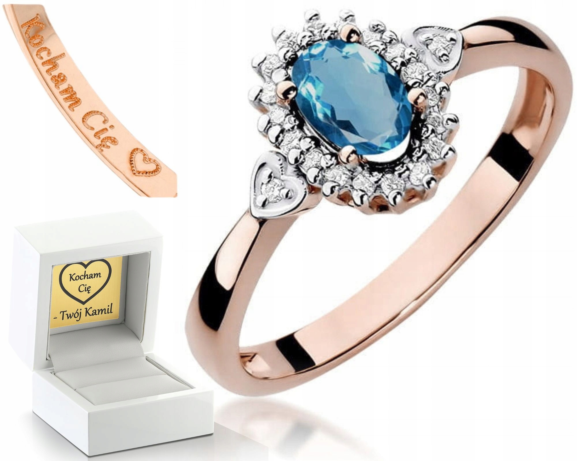 Růžové Zlato Prstýnek S Topazem London Blue 585 Dárek