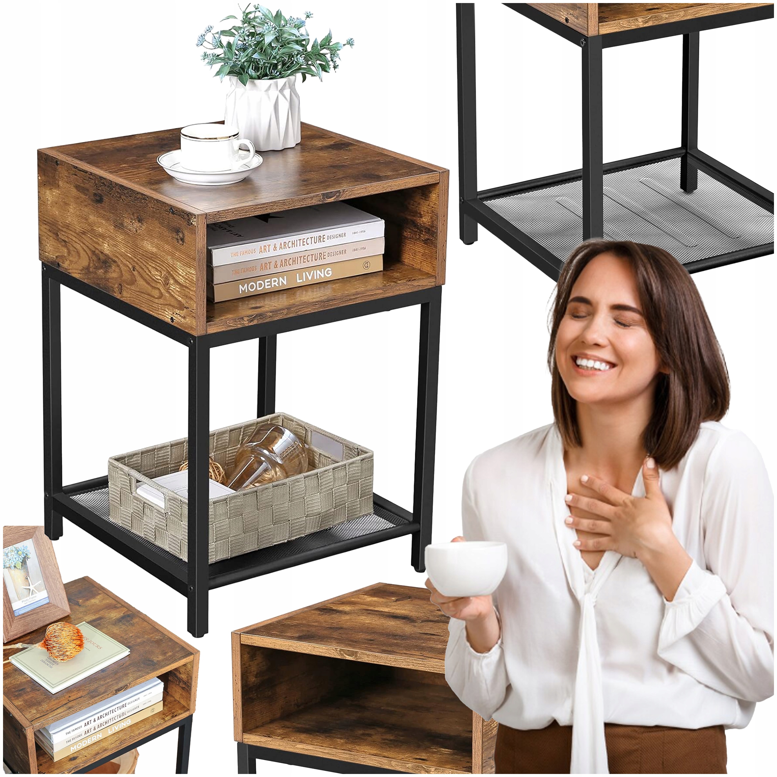 Stolek Noční stolek k posteli a pohovce na květiny Kávový 3 Police Čtvercový