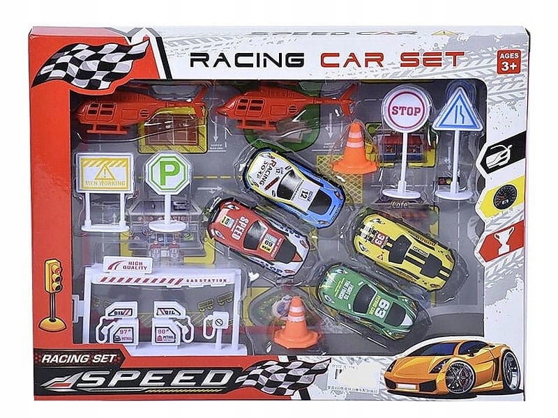 

Zestaw Auta Pojazdy Wyścigowe Helikoptery I Znaki